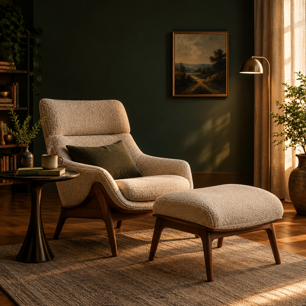 Accent & Lounge Chairs - Boucle lounge chair and ottoman in a reading corner