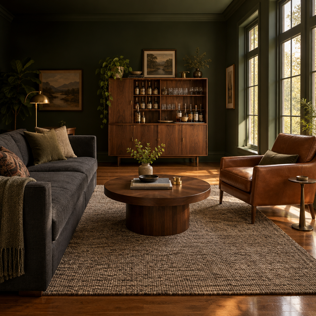 Furniture - Coordinated living room with sofa, accent chair and bar cabinet