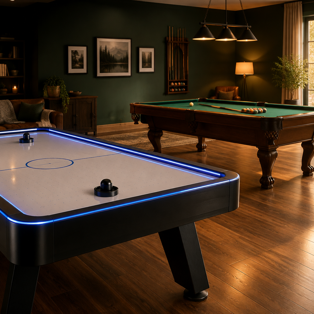 Game Tables - LED air hockey table and pool table in a game room
