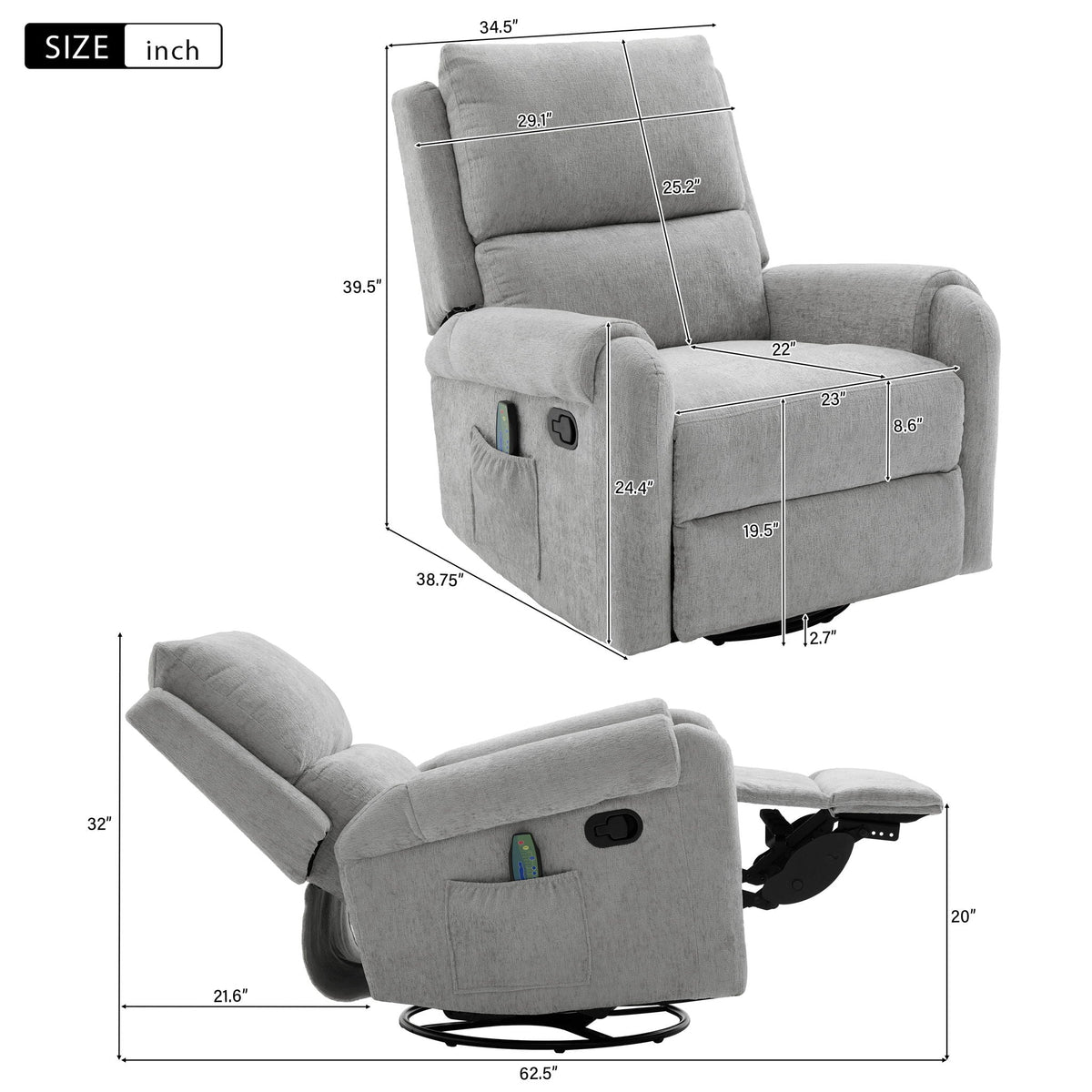 Swivel Rocker Recliner with 8-Mode Massage and Side Pocket