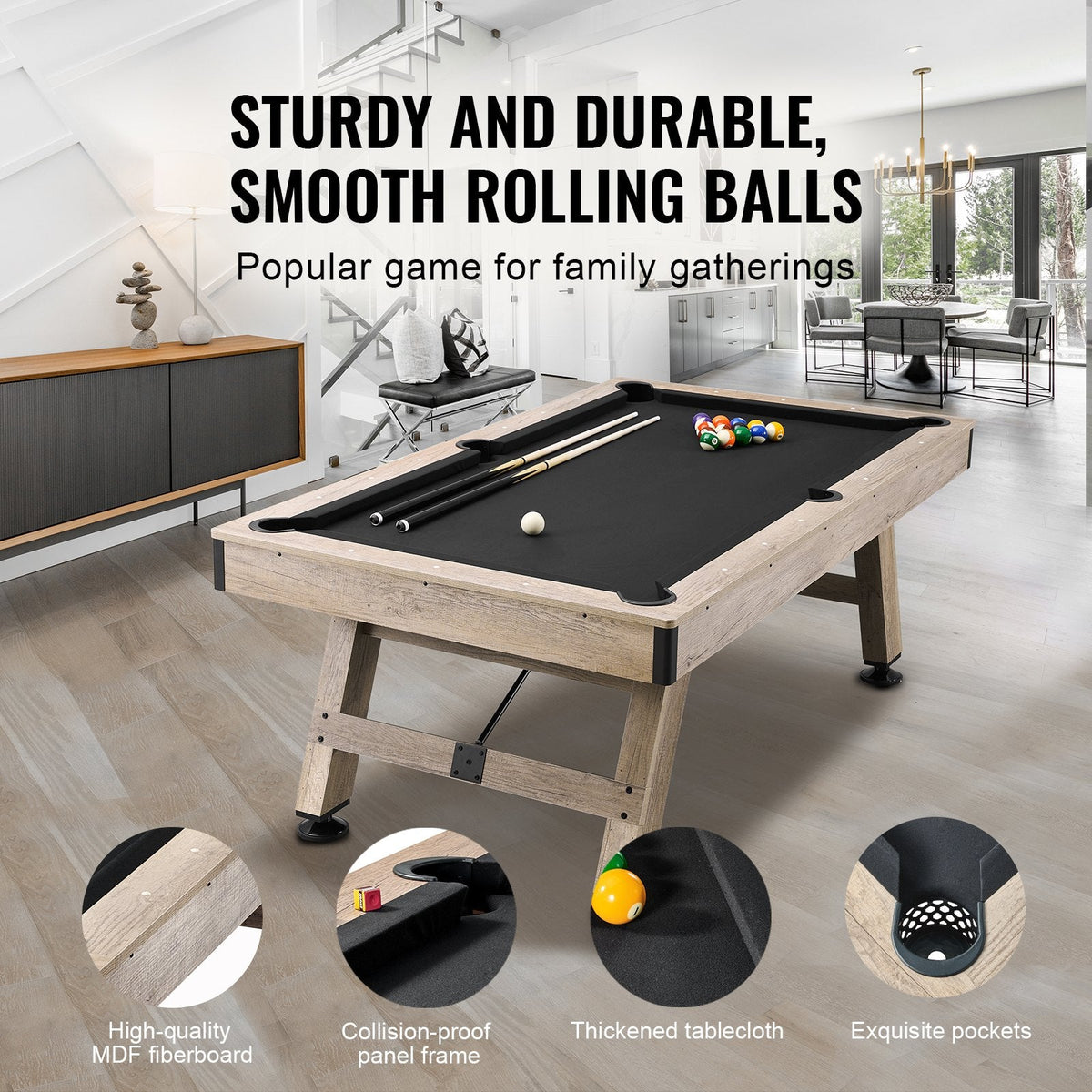 VEVOR 7 ft Pool Table | Black Cloth & Wood-Look Finish