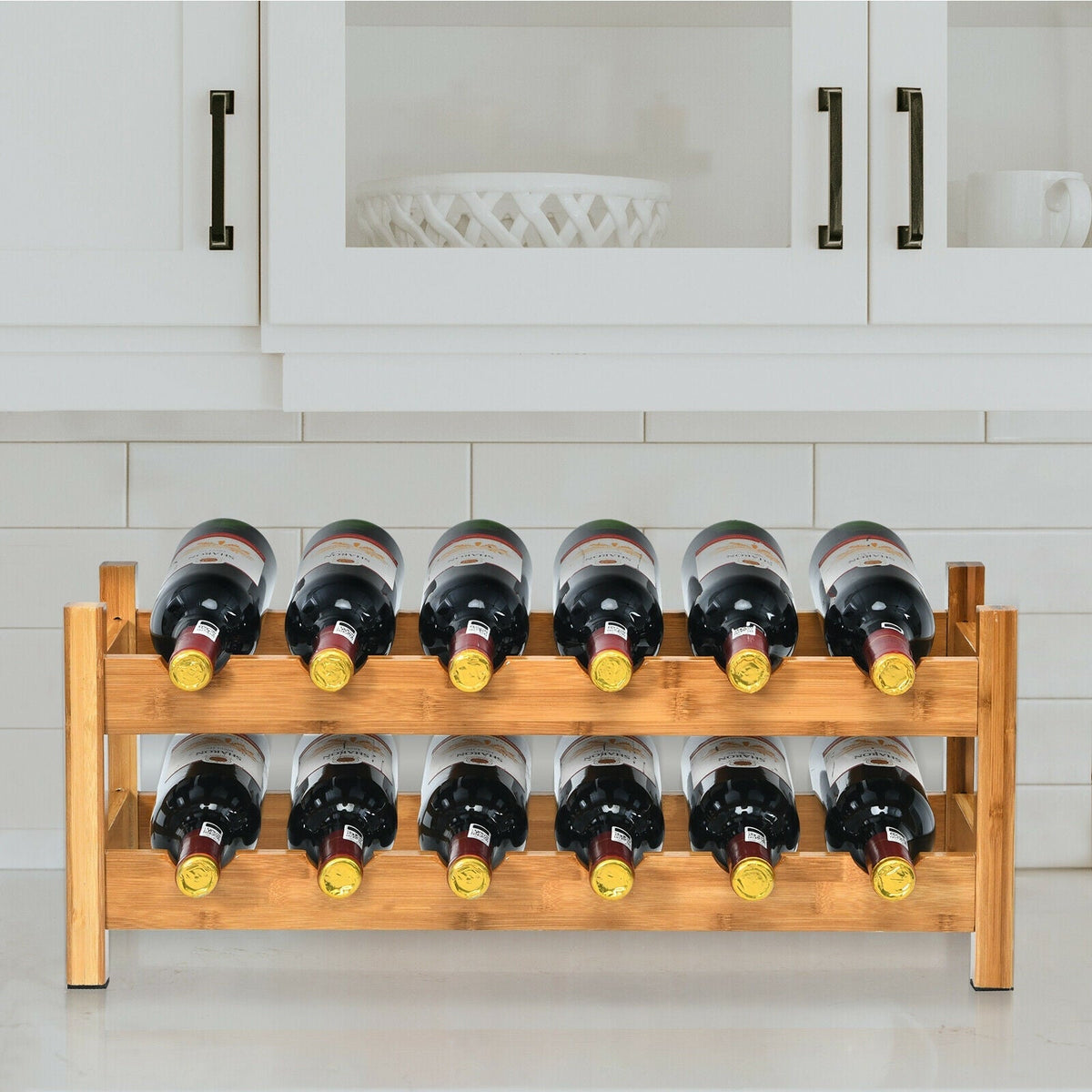 2-Tier 12 Bottles Bamboo Storage Shelf Wine Rack