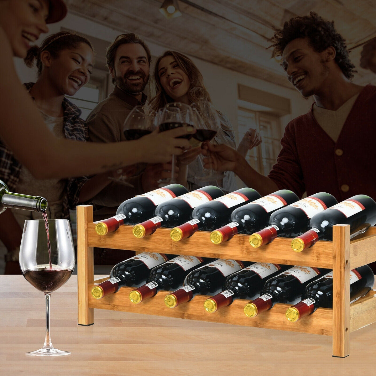 2-Tier 12 Bottles Bamboo Storage Shelf Wine Rack