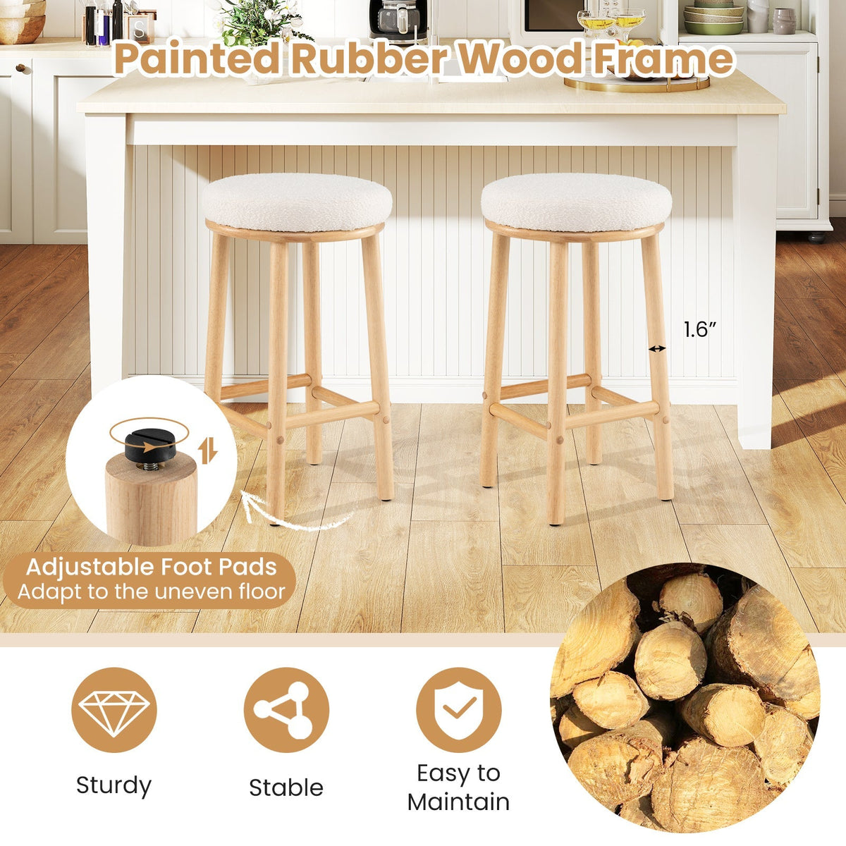 2-Piece White Boucle Upholstered Bar Stools