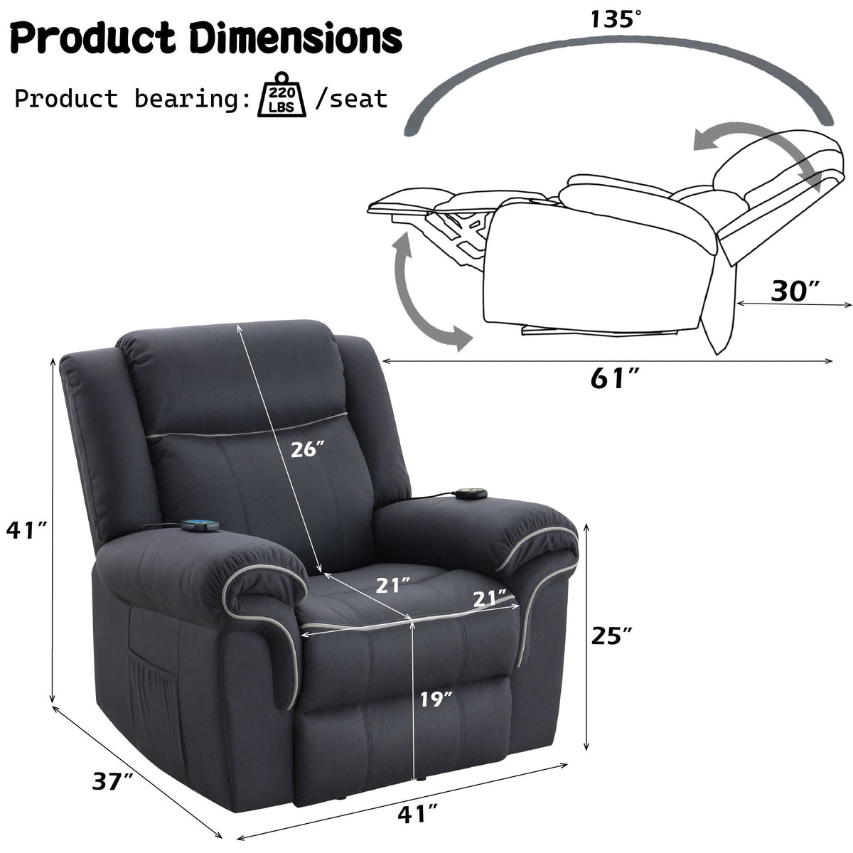 Domana Dark Blue Power Lift Recliner with Heat and Massage