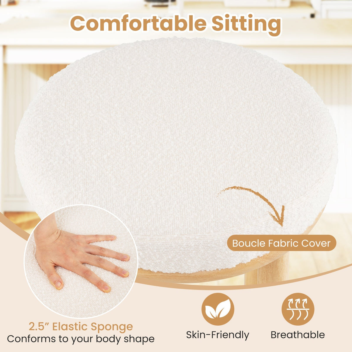 2-Piece White Boucle Upholstered Bar Stools