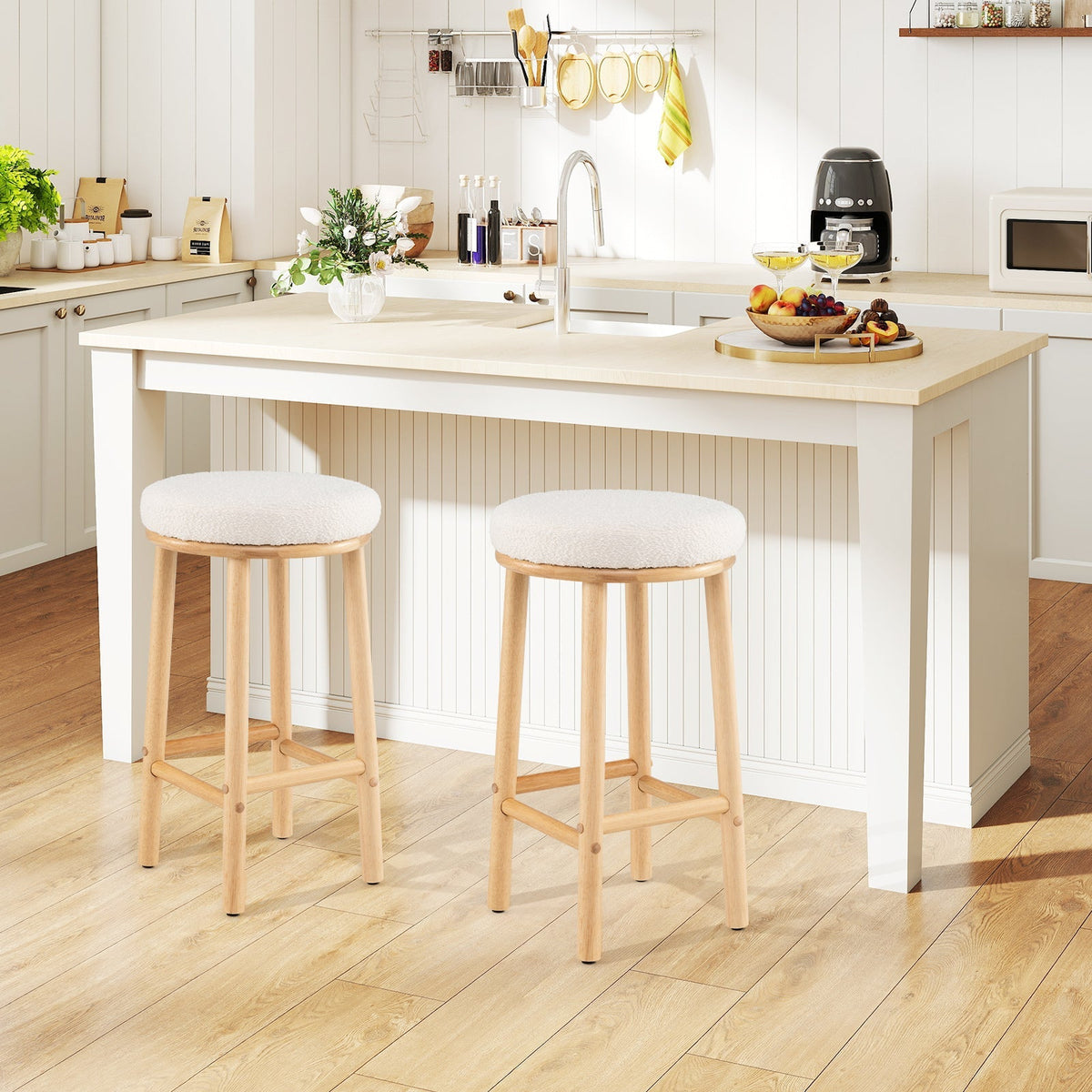 2-Piece White Boucle Upholstered Bar Stools