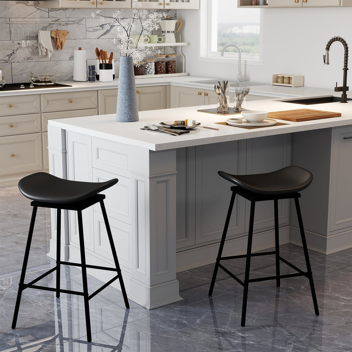2-Piece Backless Swivel Bar Stools with Footrests