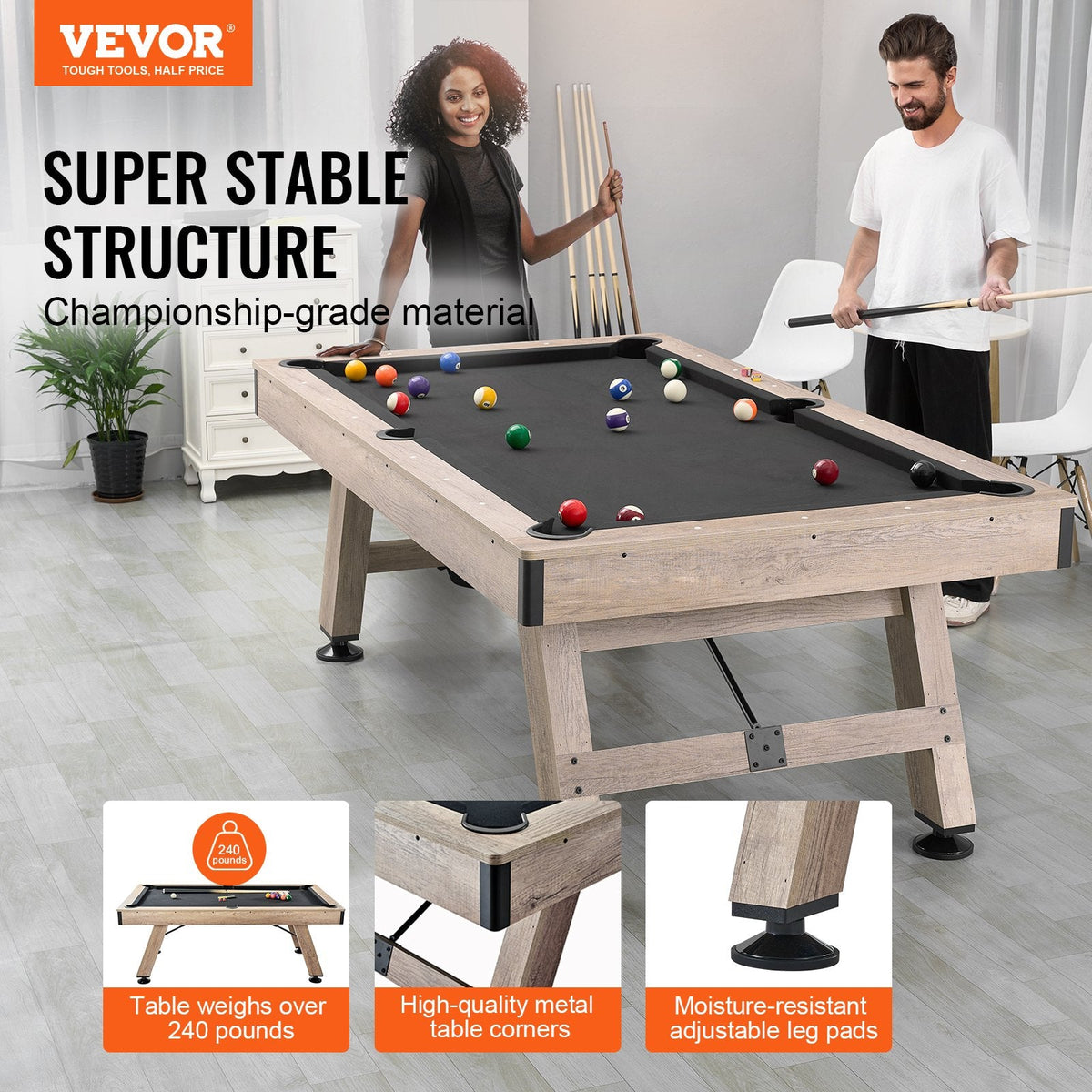 VEVOR 7 ft Pool Table | Black Cloth & Wood-Look Finish