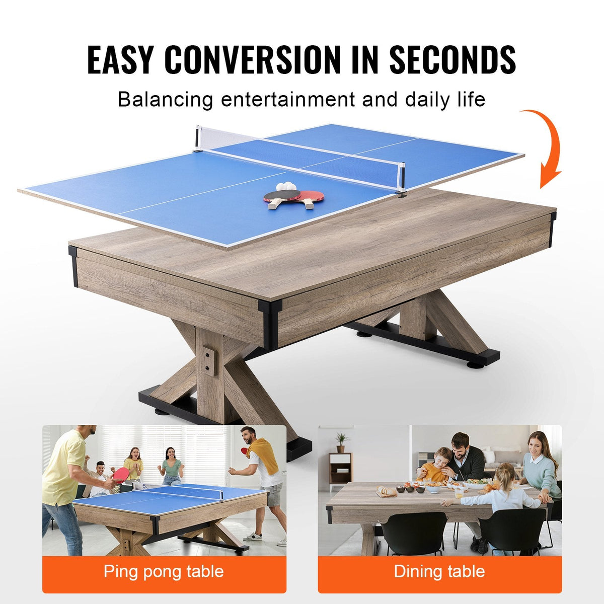 VEVOR 7 ft 3-in-1 Pool Table | Table Tennis & Dining