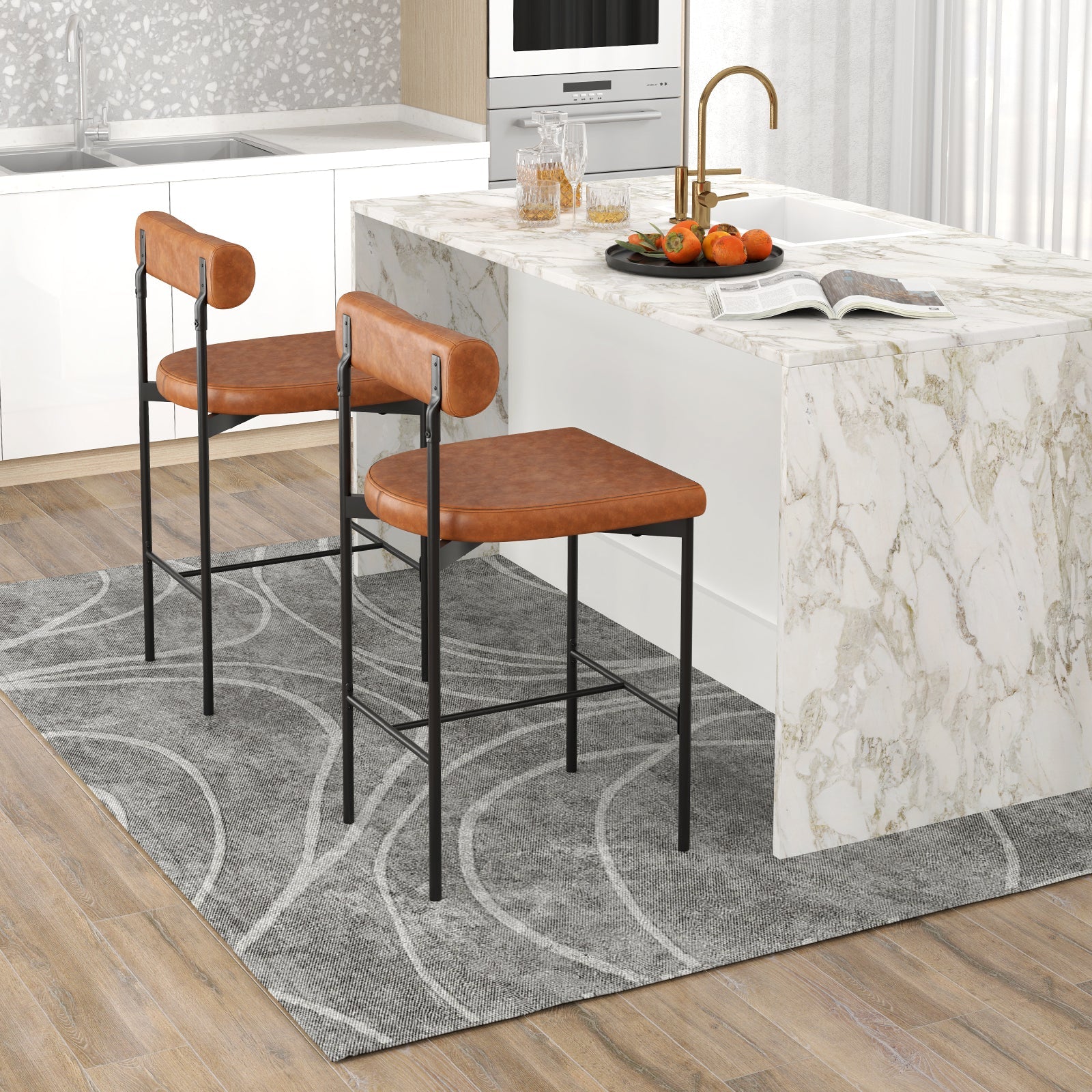 20 Inch Upholstered Bar Stools Set of 2 Counter Height Bar Chairs with  Backrest-Brown