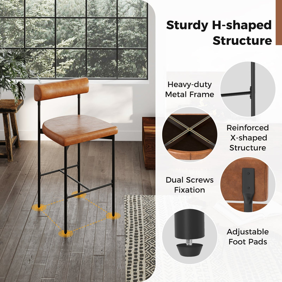 26 Inch Upholstered Counter Height Bar Stools Set of 2 with Backrest