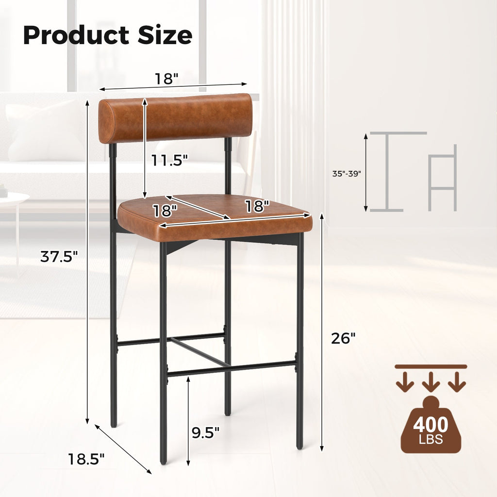 26 Inch Upholstered Counter Height Bar Stools Set of 2 with Backrest