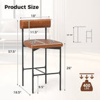 26 Inch Upholstered Counter Height Bar Stools Set of 2 with Backrest
