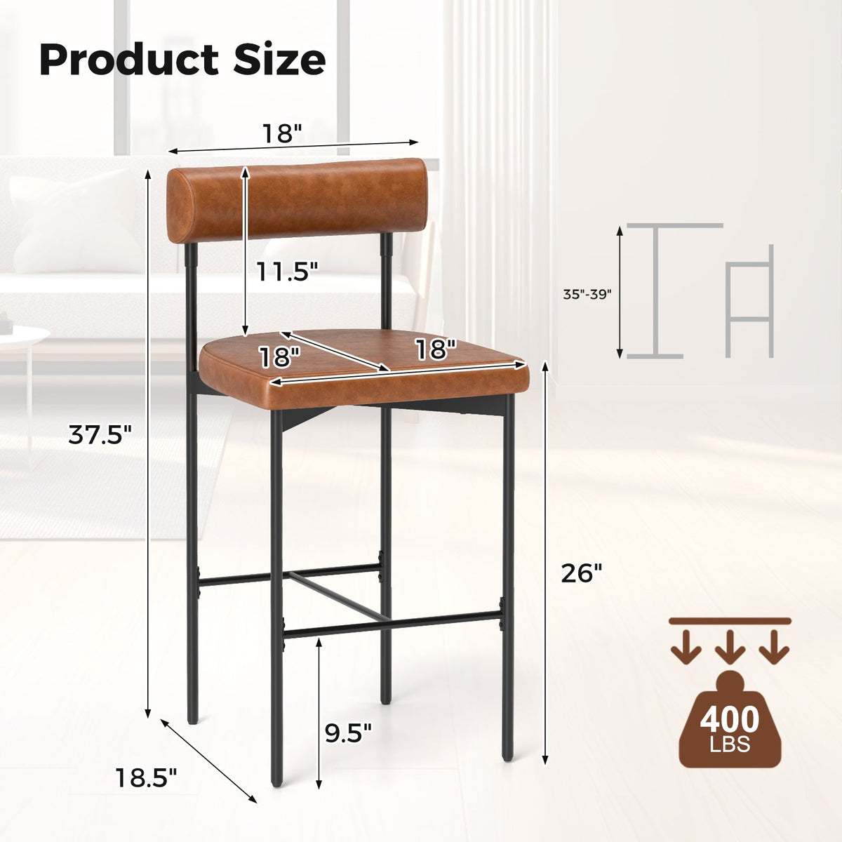 26 Inch Upholstered Counter Height Bar Stools Set of 2 with Backrest