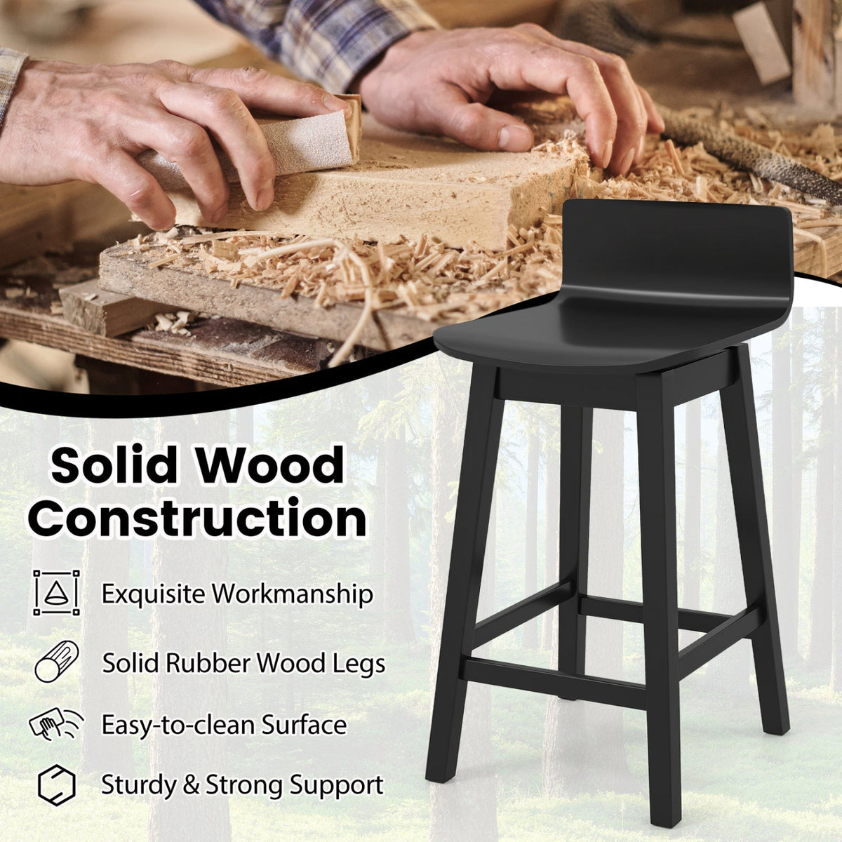 24.5 Inch Swivel Wooden Bar Stools Set of 2 with Rubber Wood Legs and Low Back