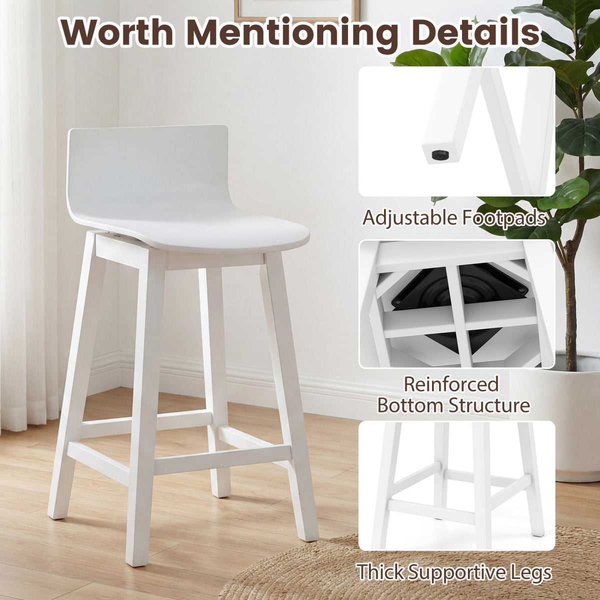 24.5 Inch Swivel Wooden Bar Stools Set of 4 with Rubber Wood Legs and Low Back