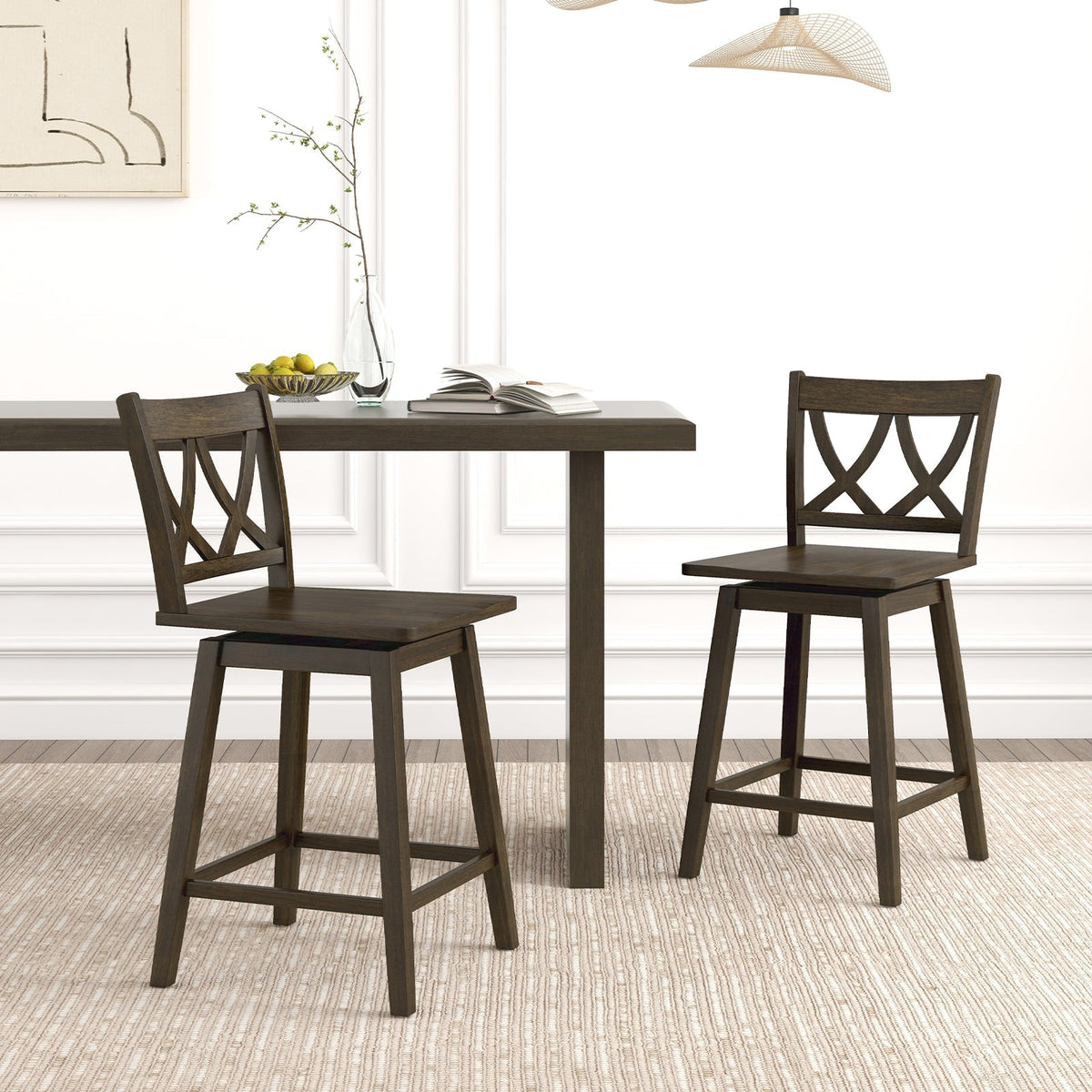 Wooden Bar Stool Set of 2 with Rubber Wood Frame