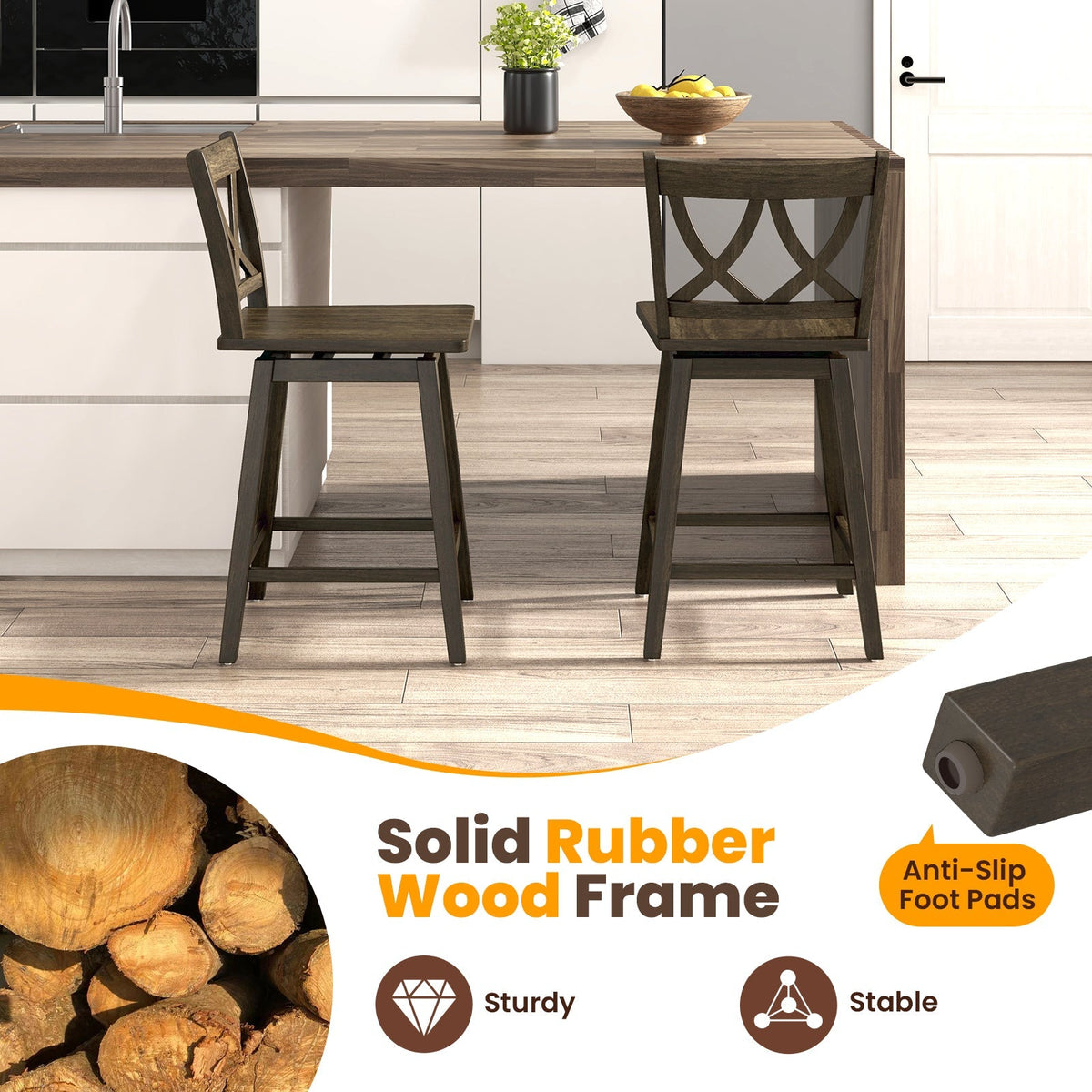 Wooden Bar Stool Set of 2 with Rubber Wood Frame