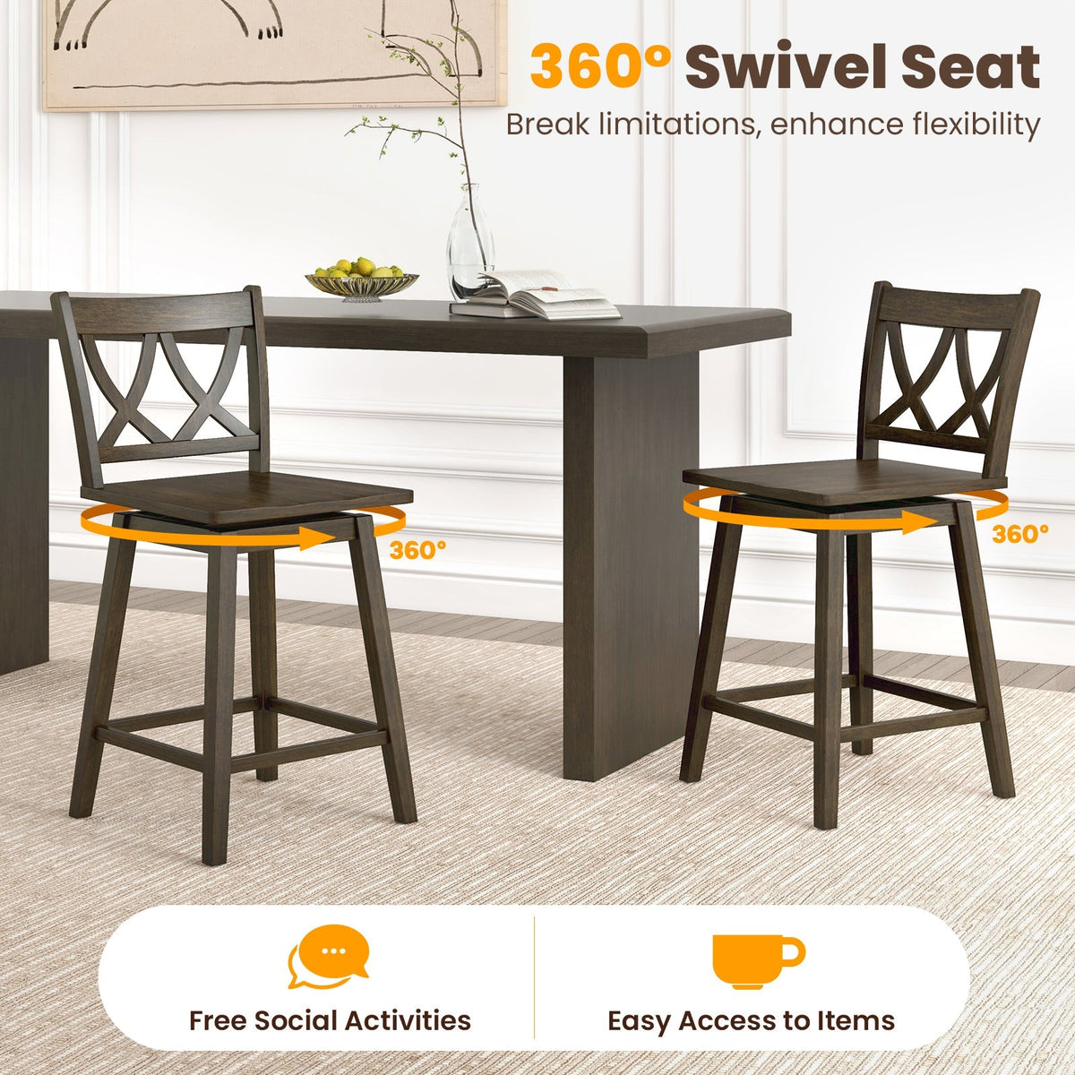 Wooden Bar Stool Set of 2 with Rubber Wood Frame