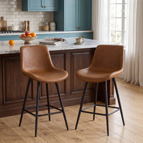24" Brown Faux Leather Counter Stools with Black Frames, Set of 2
