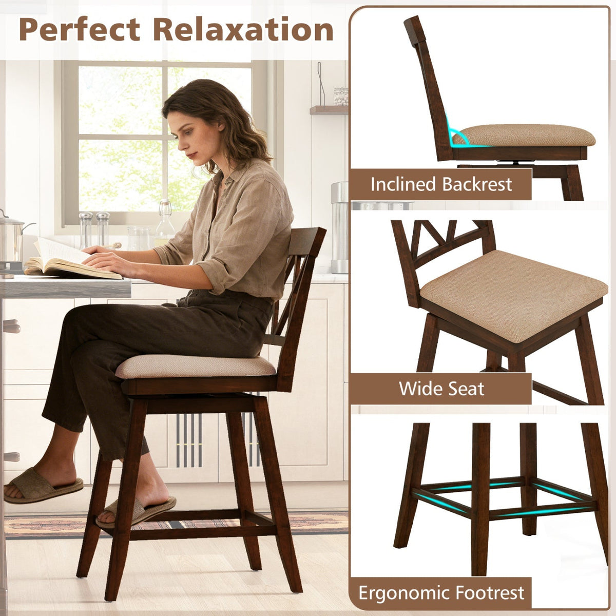 4-Piece Counter-Height Swivel Bar Stools with Linen Cushions