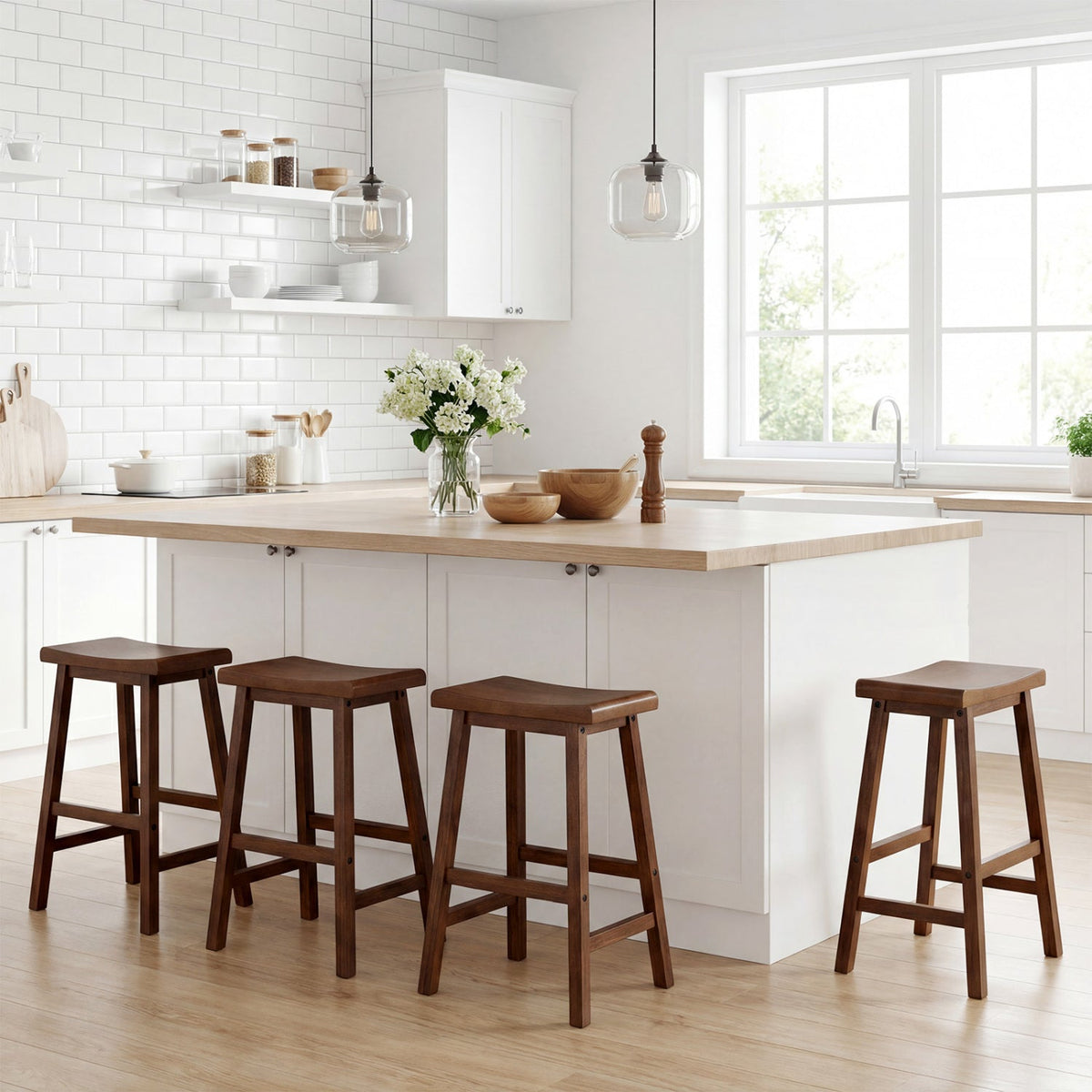 24 Inch Counter Height Stools Solid Wood Saddle Bar Stools Set of 2