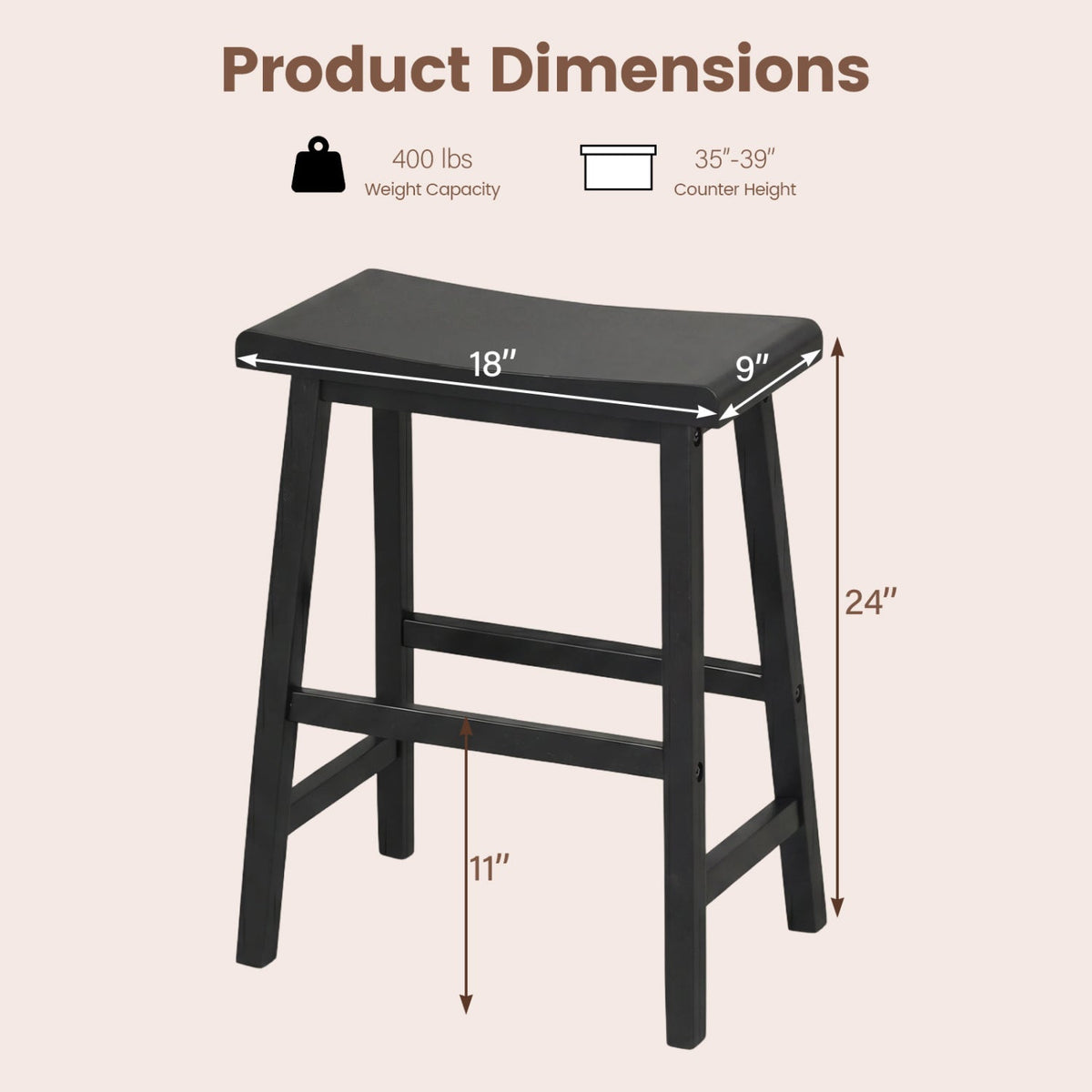 24 Inch Counter Height Stools Solid Wood Saddle Bar Stools Set of 2
