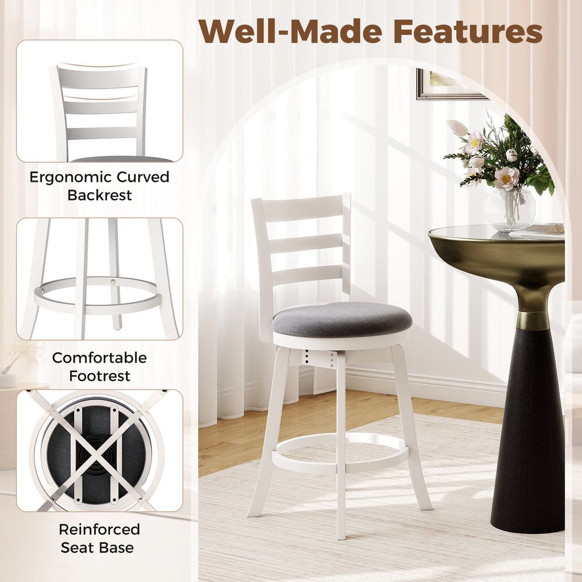 2-Piece Swivel Bar Stools with Curved Backrests and Upholstered Seats