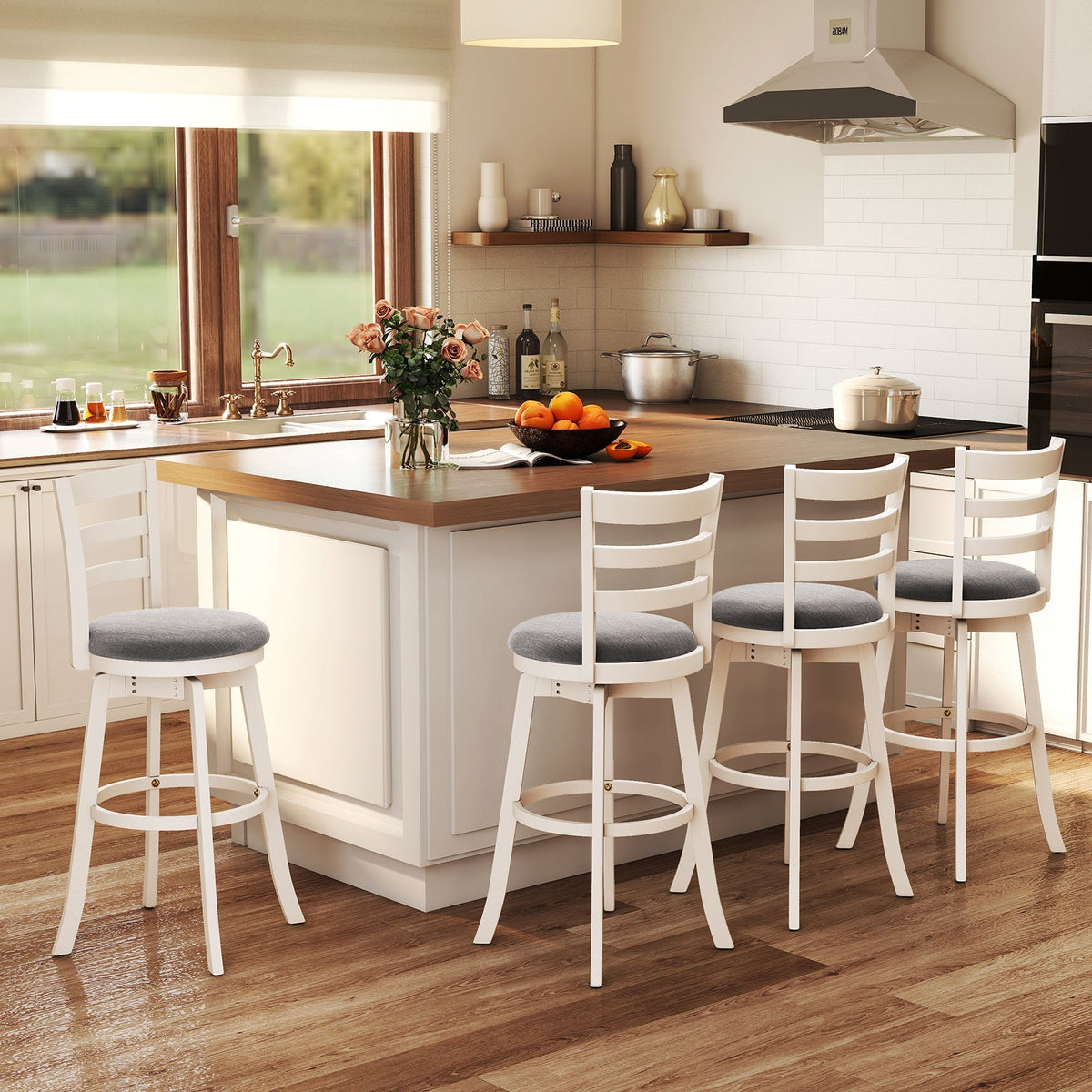 2-Piece Swivel Bar Stools with Curved Backrests and Upholstered Seats