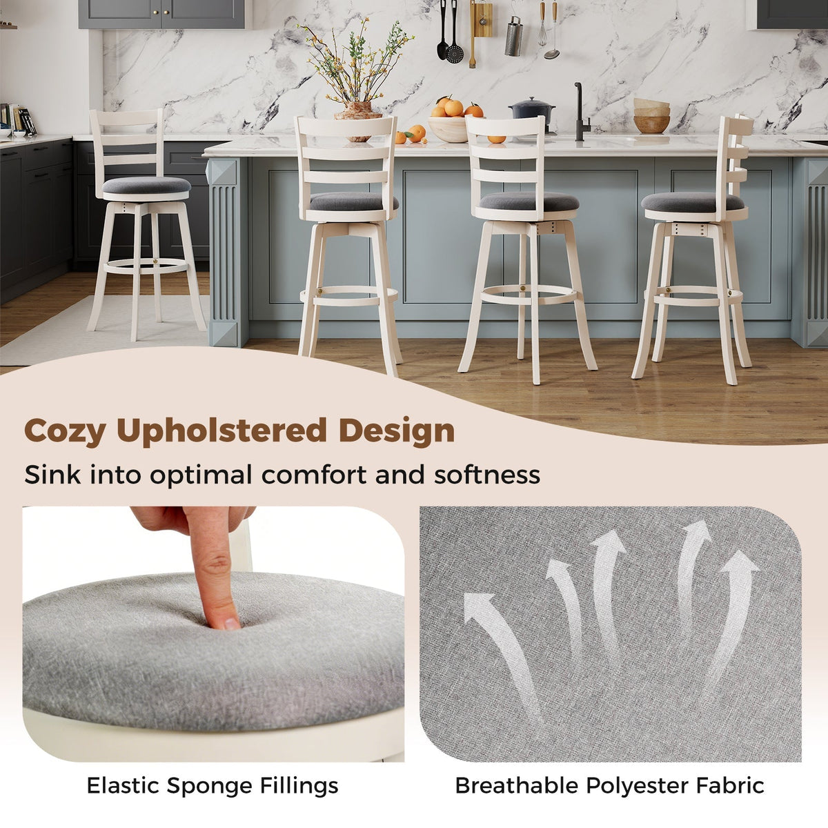 2-Piece Swivel Bar Stools with Curved Backrests and Upholstered Seats