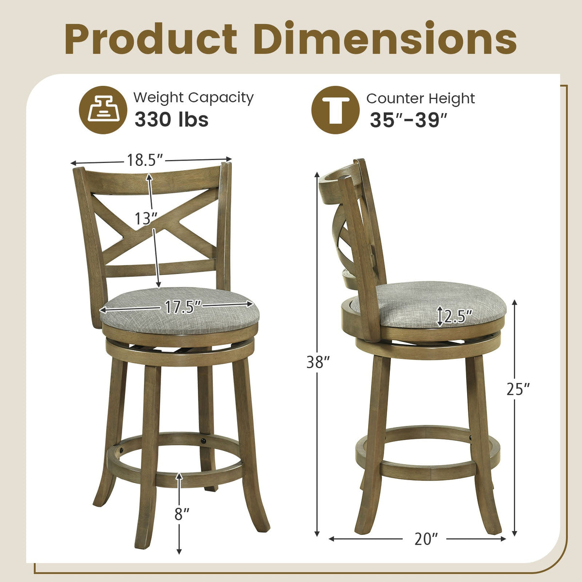 25/30 Inch Swivel Bar Stools Set of 2 with Backrests and Wood Frame