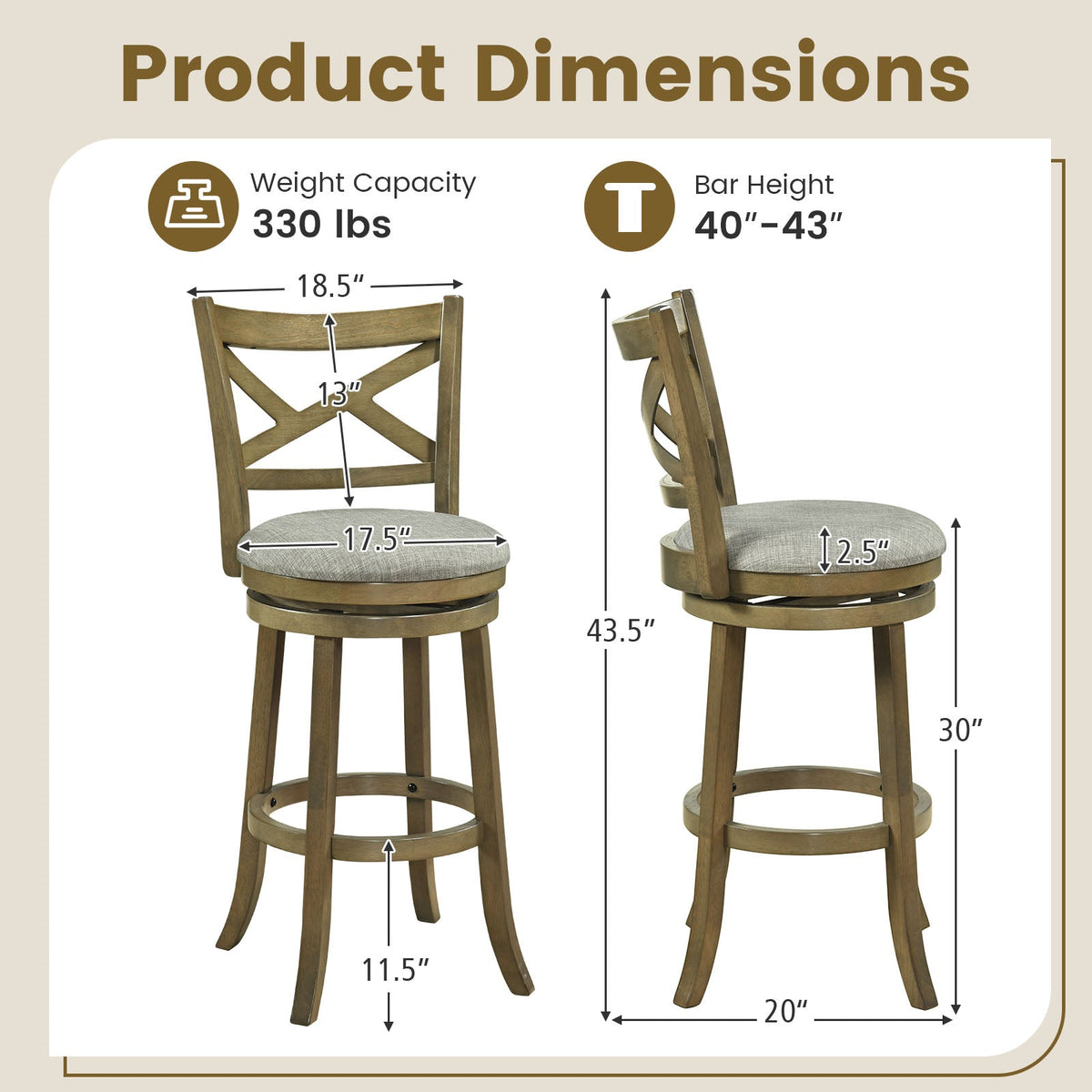 25/30 Inch Swivel Bar Stools Set of 2 with Backrests and Wood Frame