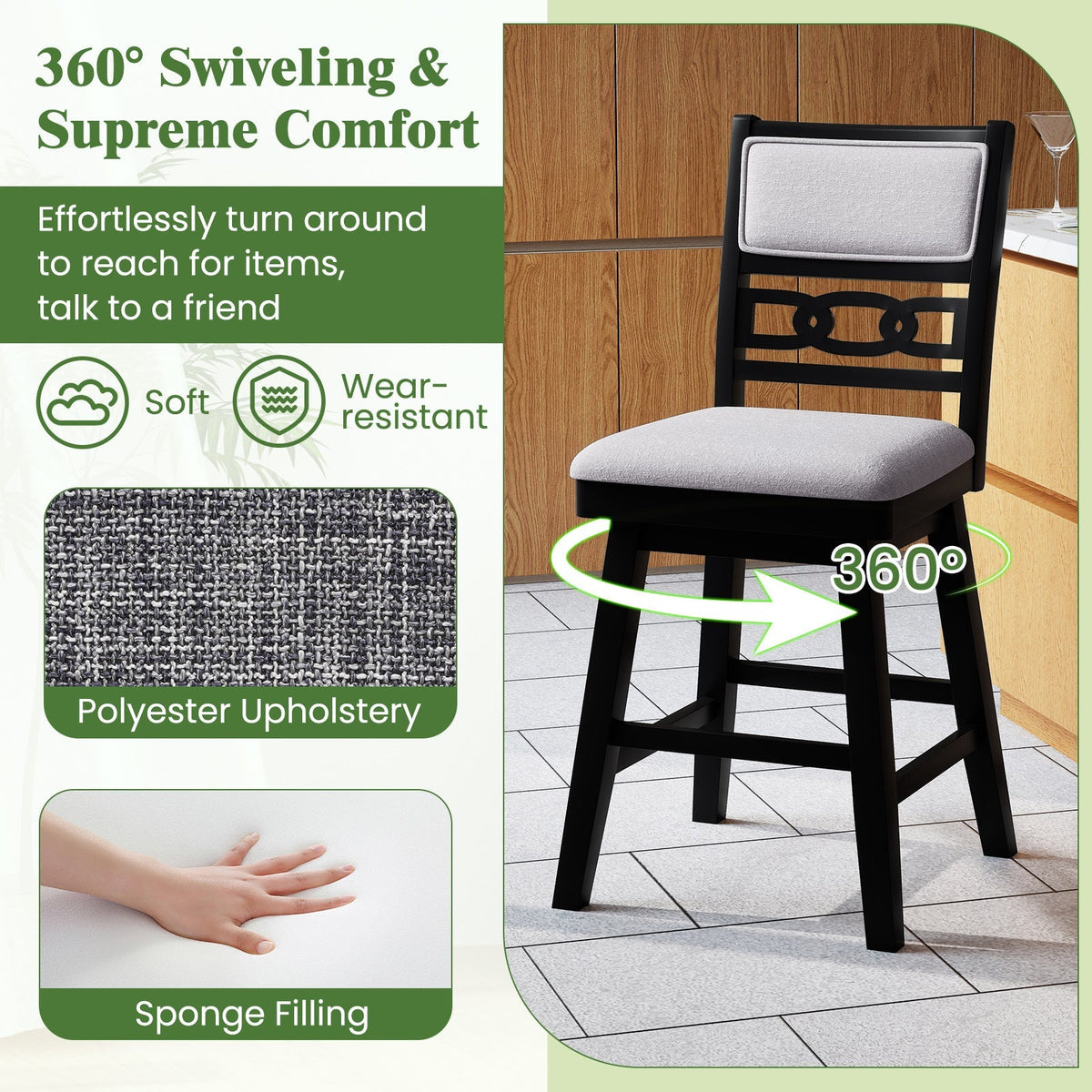 25 Inch Bar Stools Set of 2 with Upholstered Backrest and 360° Rotation Seat-Black