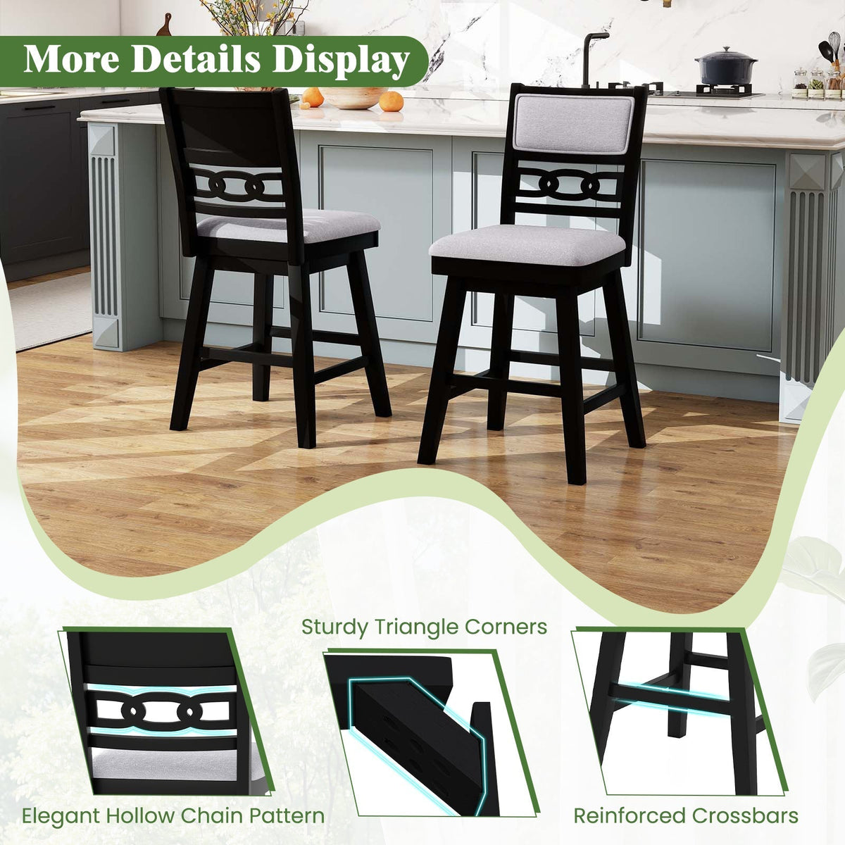 25 Inch Bar Stools Set of 2 with Upholstered Backrest and 360° Rotation Seat-Black