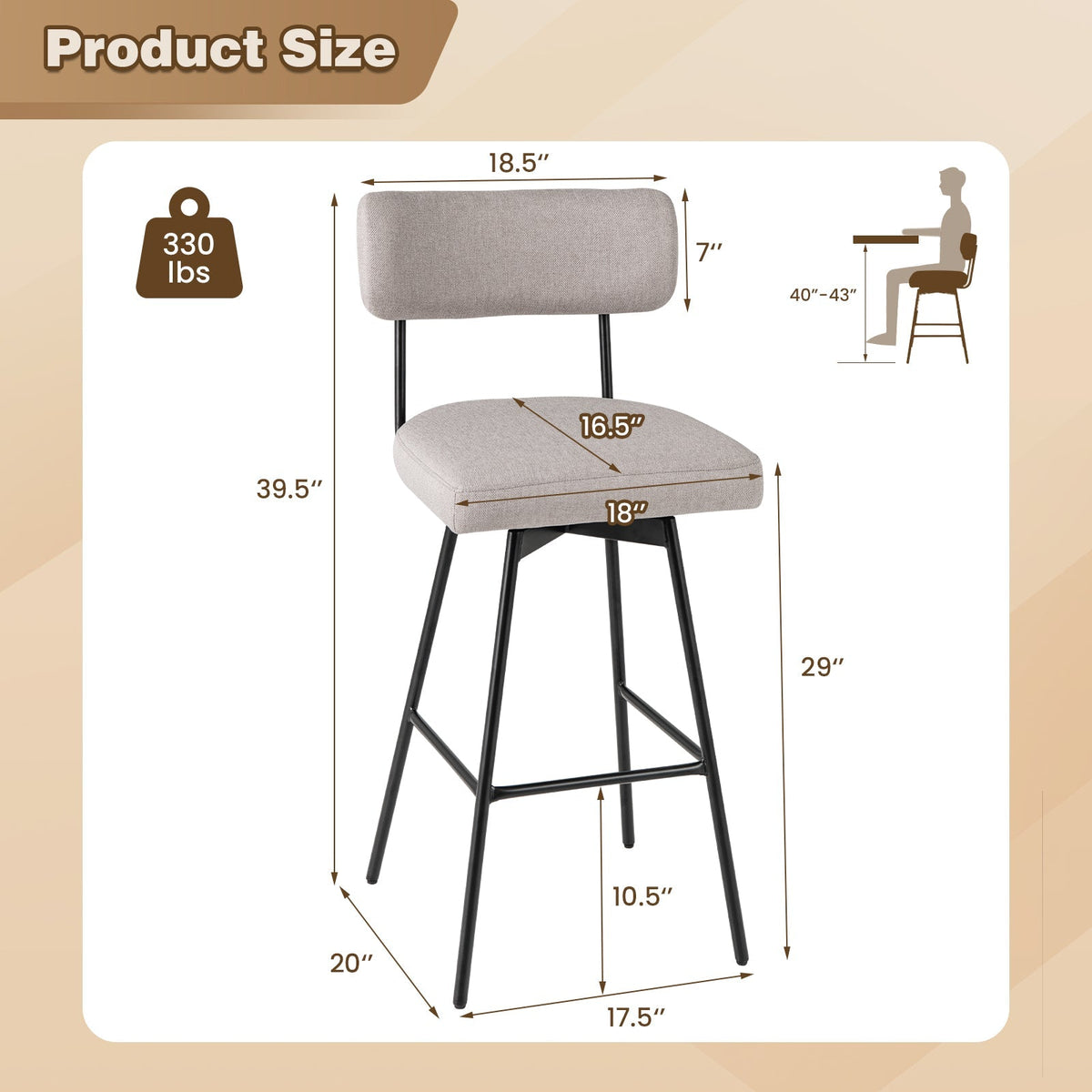 29 Inch Bar Height Upholstered Swivel Bar Stool Set of 2