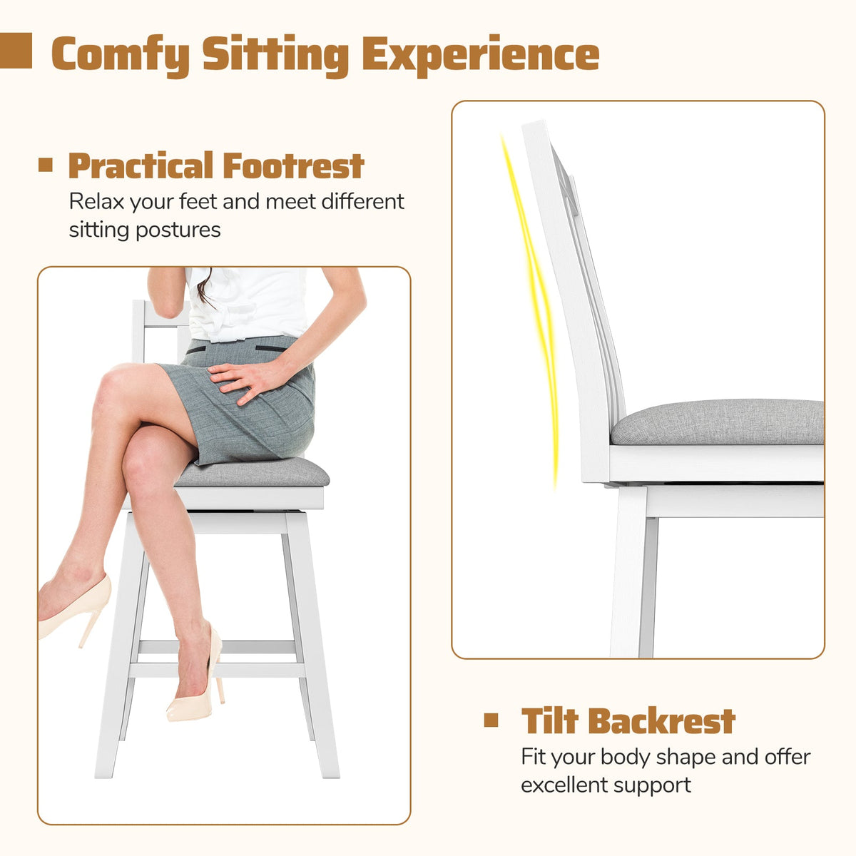 25 Inch Modern Bar Stools Set of 2 with Upholstered and 360° Rotation Seat-White