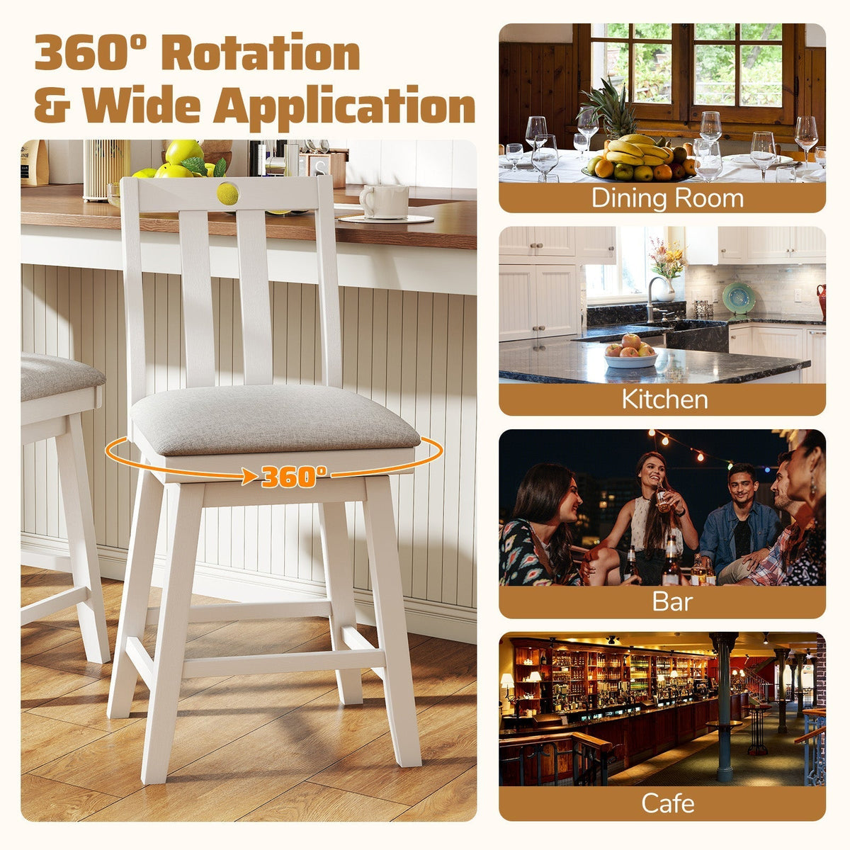25 Inch Modern Bar Stools Set of 2 with Upholstered and 360° Rotation Seat-White