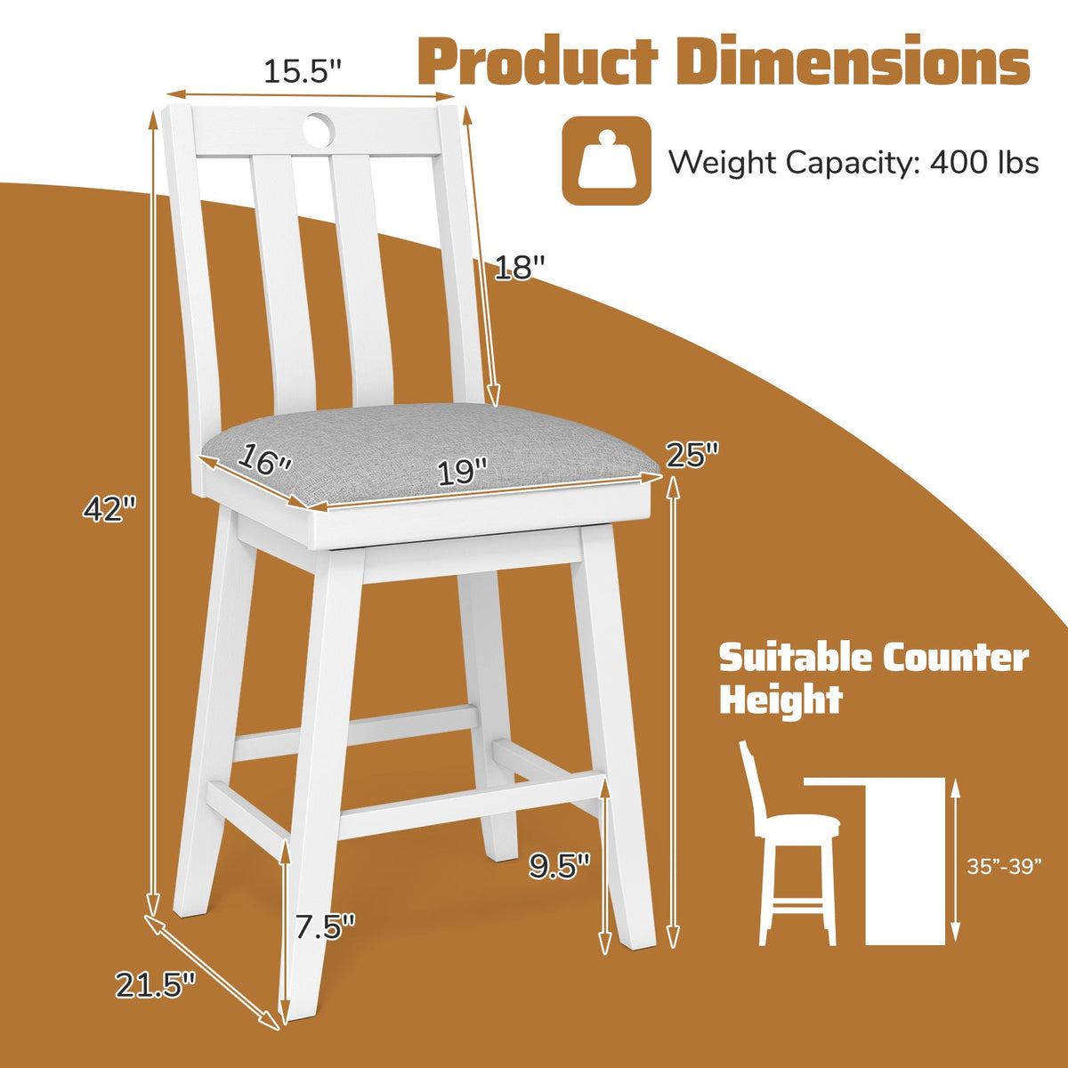 25 Inch Modern Bar Stools Set of 2 with Upholstered and 360° Rotation Seat-White