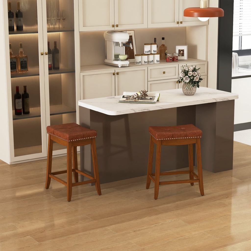 Set of 2 Upholstered PU Leather Bar Stools with Saddle Seat