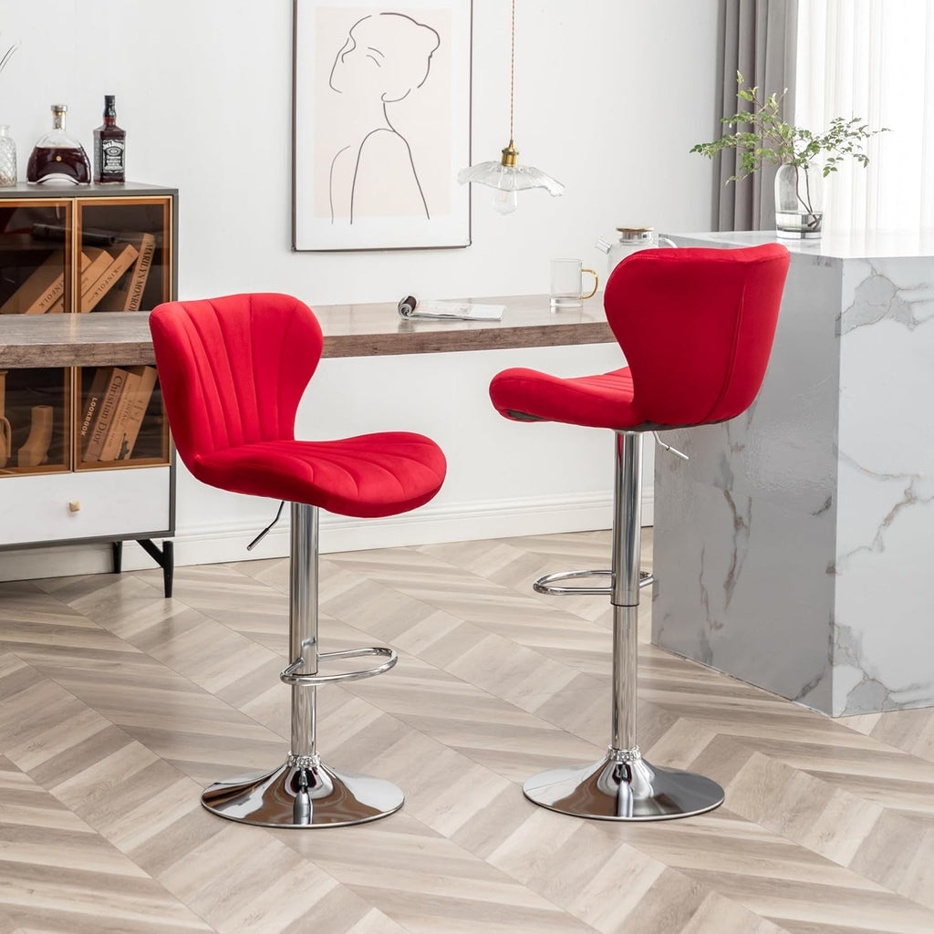 Velvet Adjustable Swivel Bar Stool Set Of 2 In Red