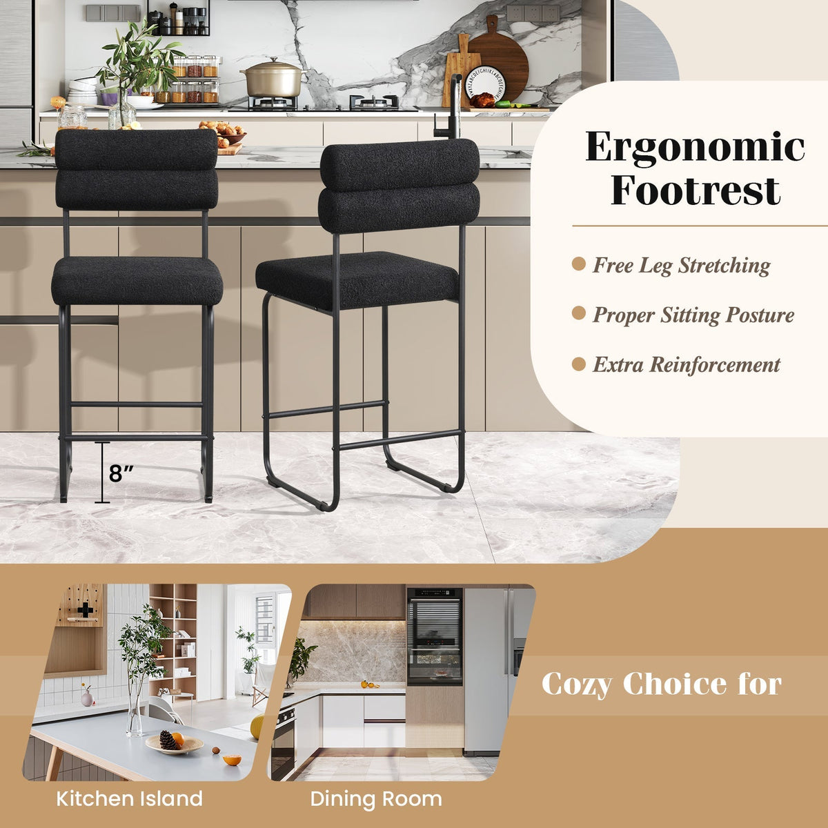 26 Inch Counter Height Bar Stools Set of 2 with Metal Frame and Footrest