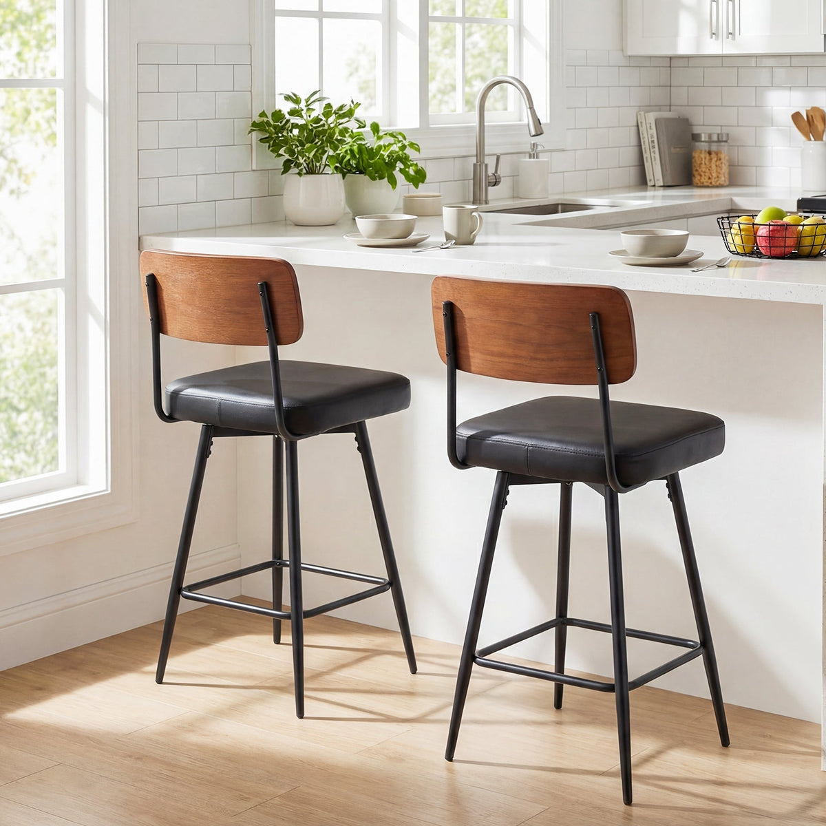 2-Piece Padded Counter-Height Bar Stools with Metal Legs