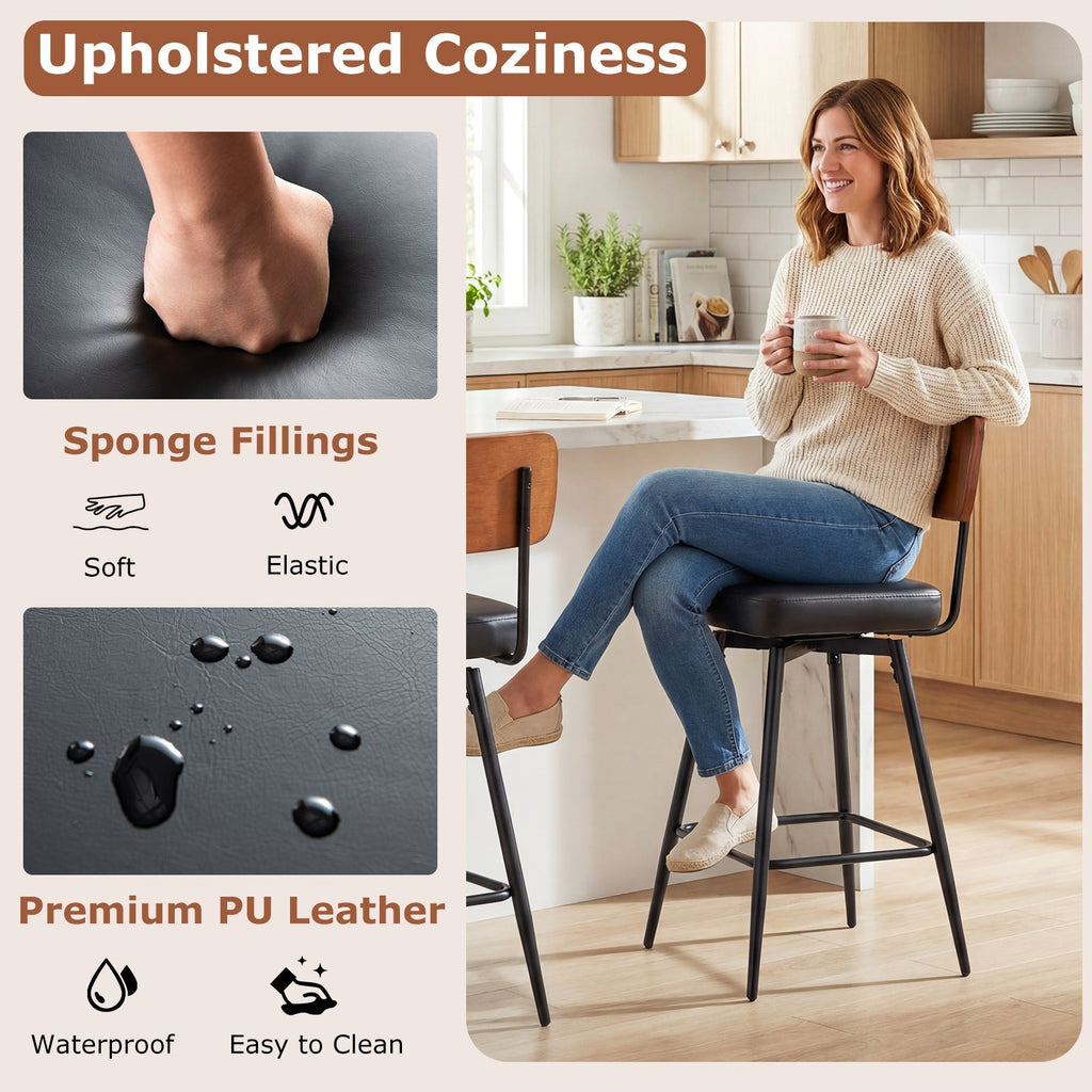 2-Piece Padded Counter-Height Bar Stools with Metal Legs