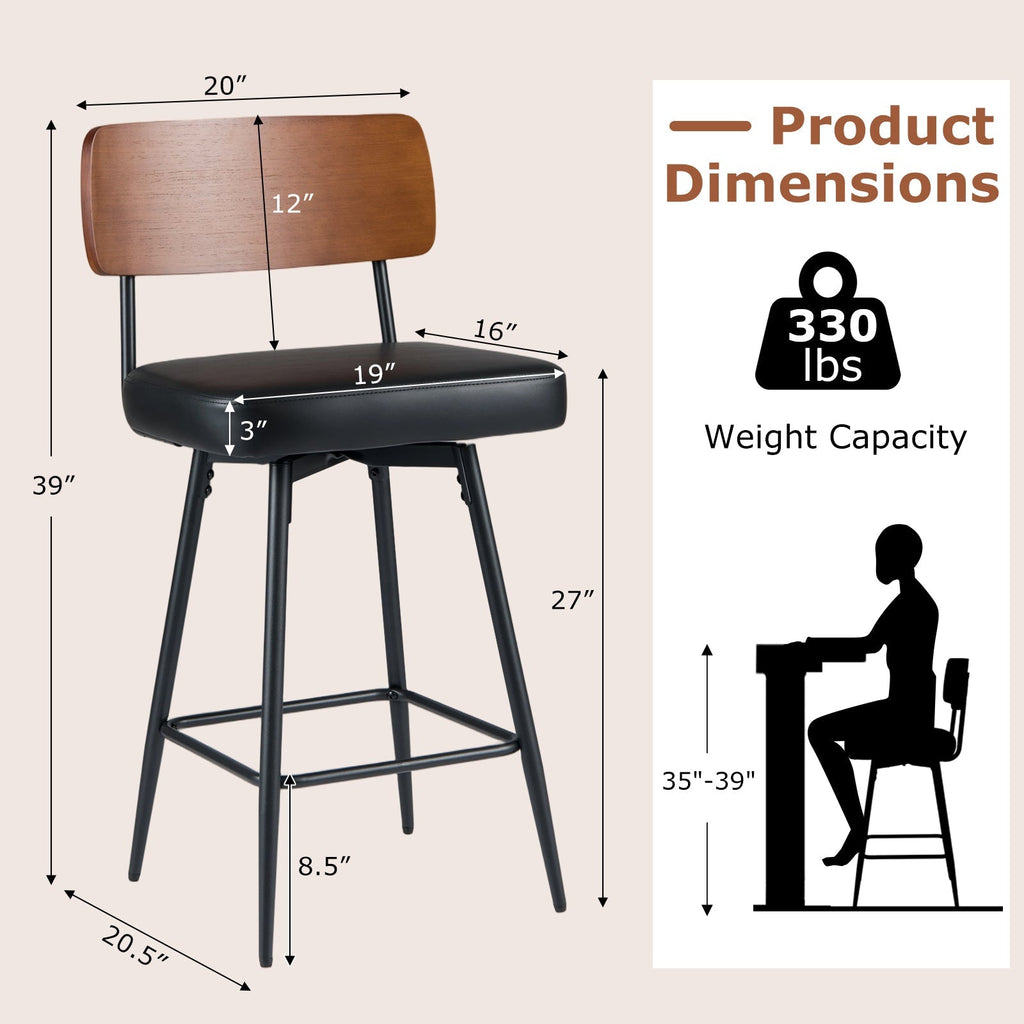 2-Piece Padded Counter-Height Bar Stools with Metal Legs