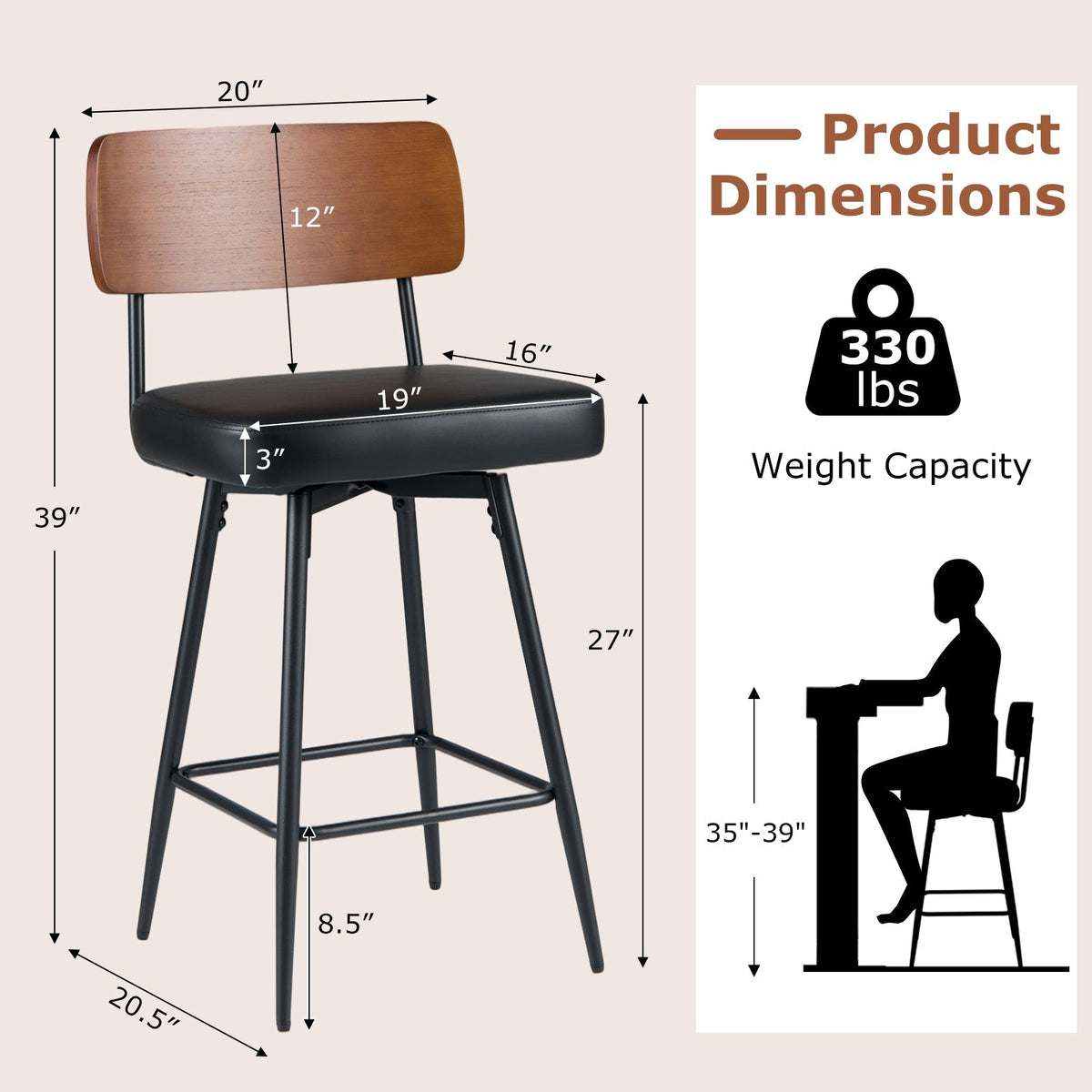 2-Piece Padded Counter-Height Bar Stools with Metal Legs