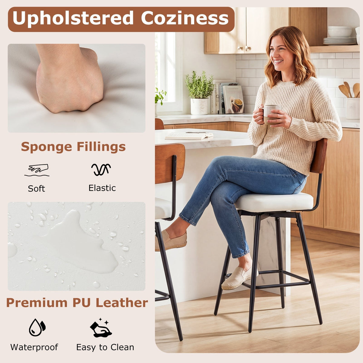 2-Piece Padded Counter-Height Bar Stools with Metal Legs