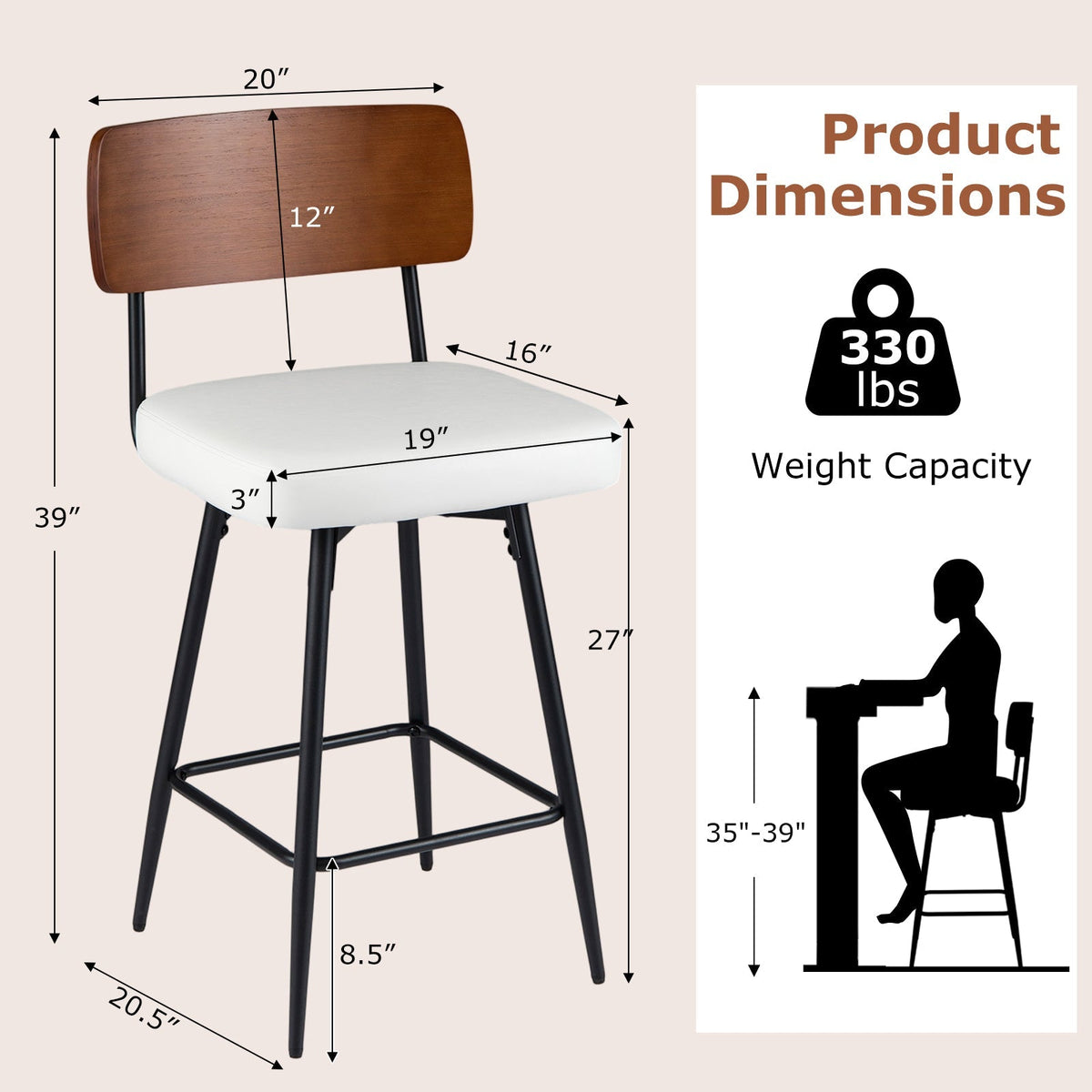 2-Piece Padded Counter-Height Bar Stools with Metal Legs