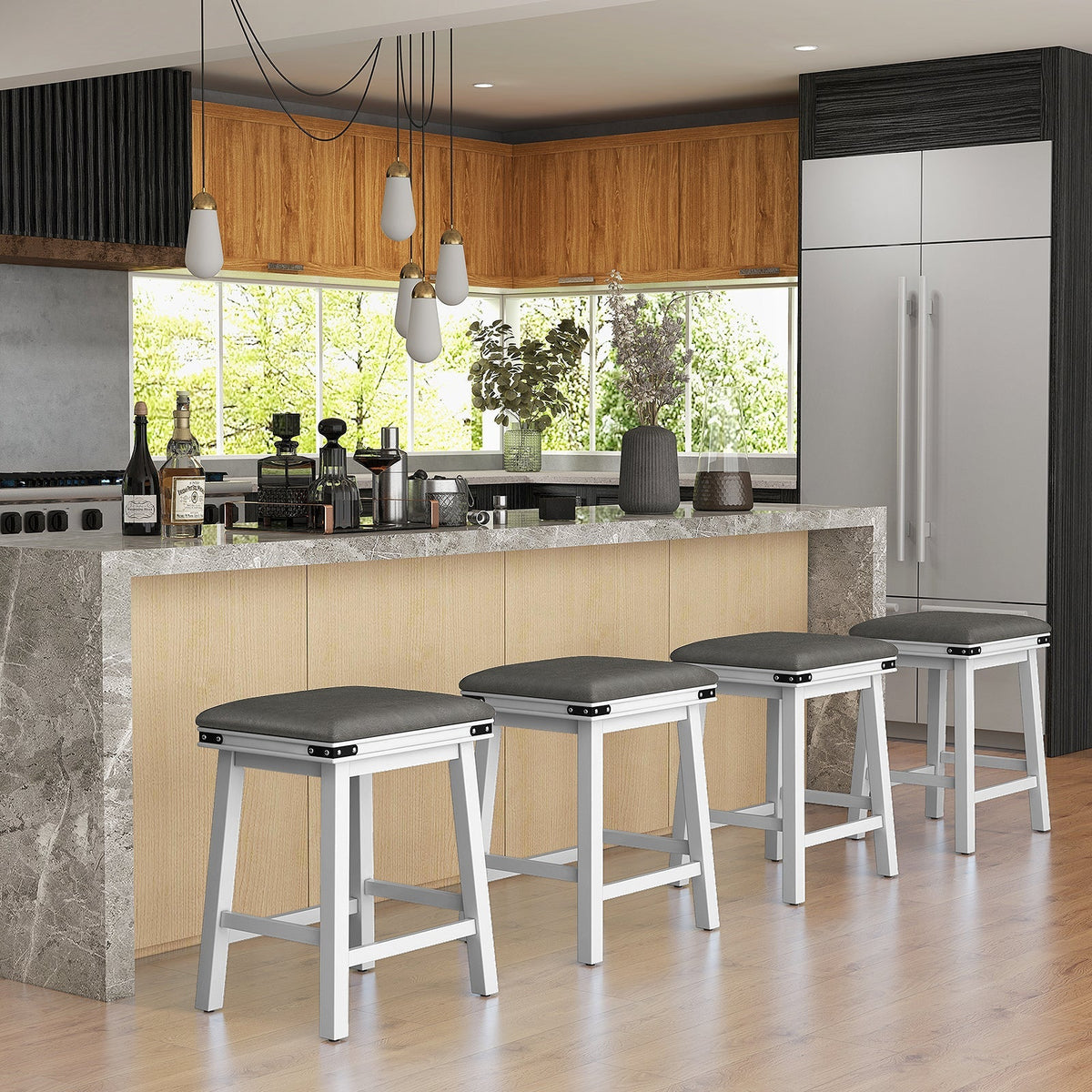 Set of 2 Dining Bar Stool with Acacia Wood Frame