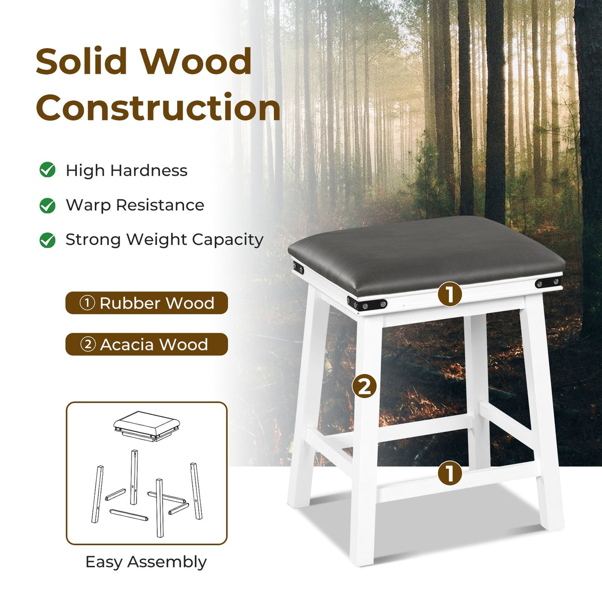 Set of 2 Dining Bar Stool with Acacia Wood Frame